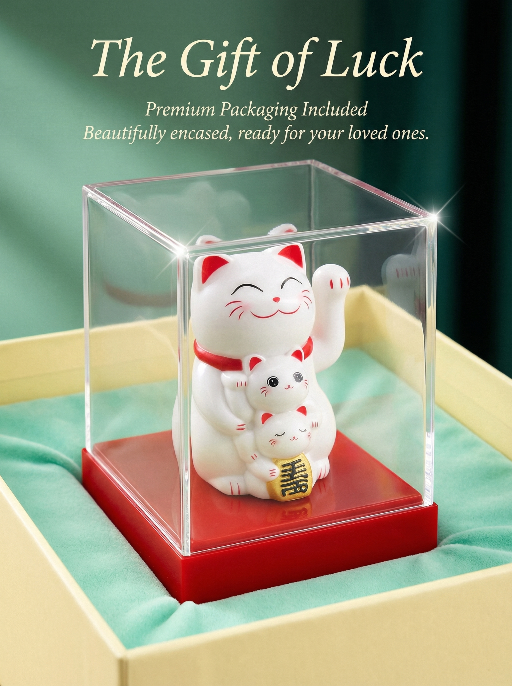 Solar Lucky Cat gift packaging - premium clear display case - ready to gift cat lover present
