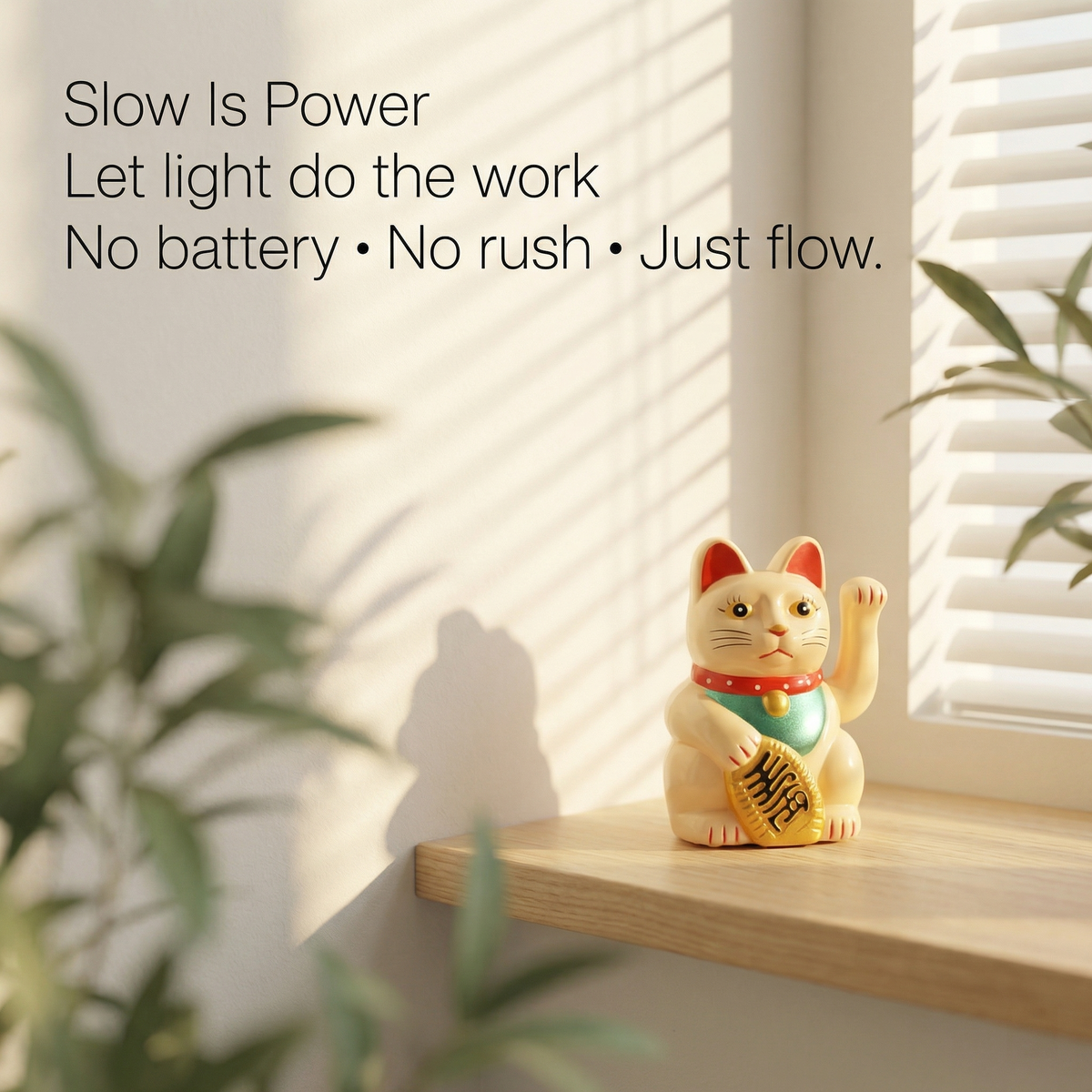 Solar Lucky Cat 2-inch on windowsill - Slow Is Power lifestyle shot