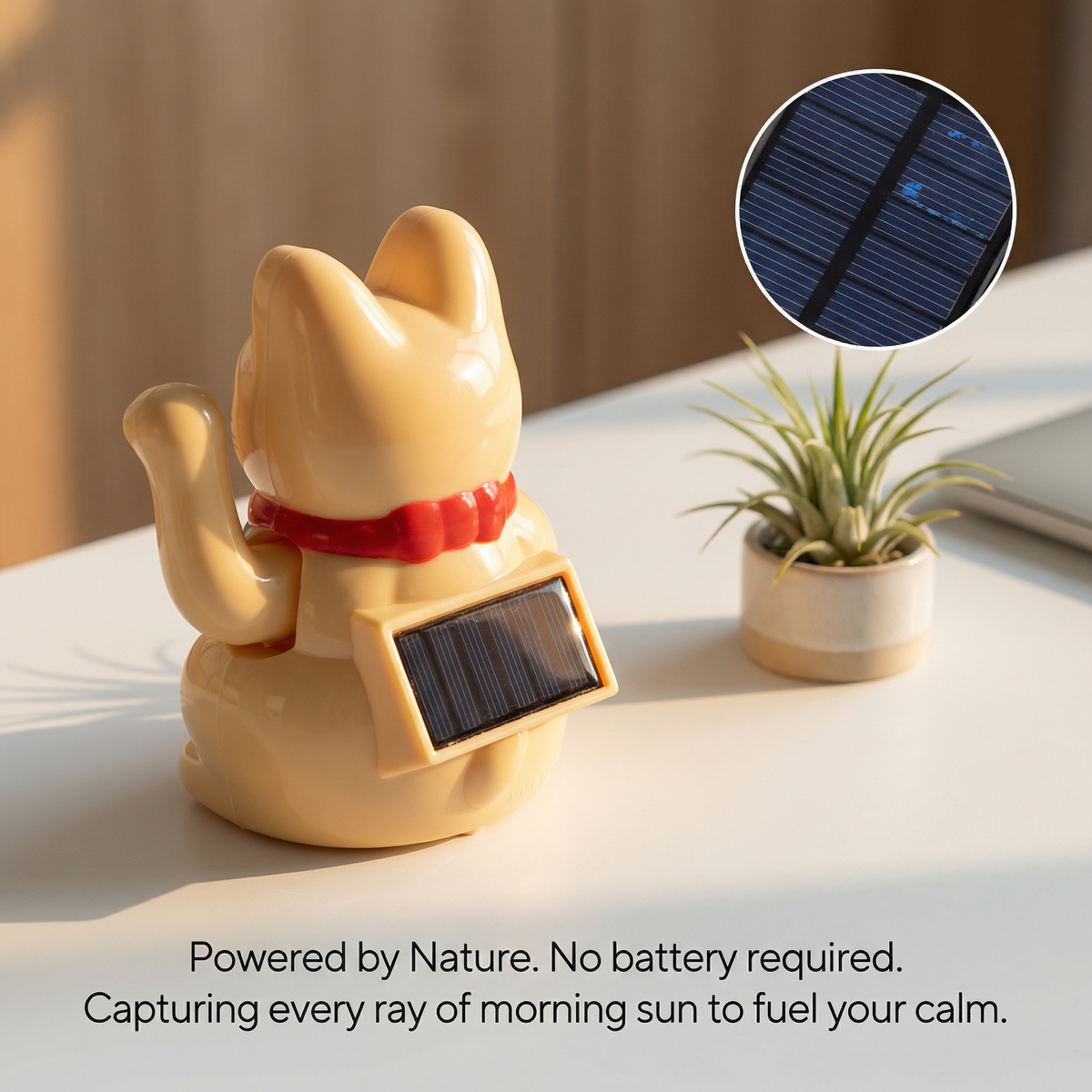 Solar Lucky Cat back view showing solar panel - Powered by Nature