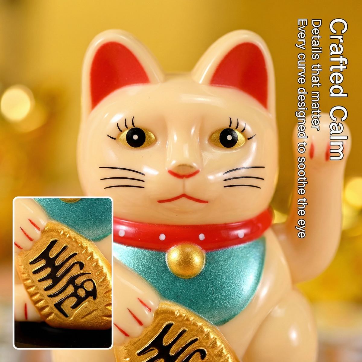 Solar Lucky Cat close-up detail - Crafted Calm golden bell and fortune tablet