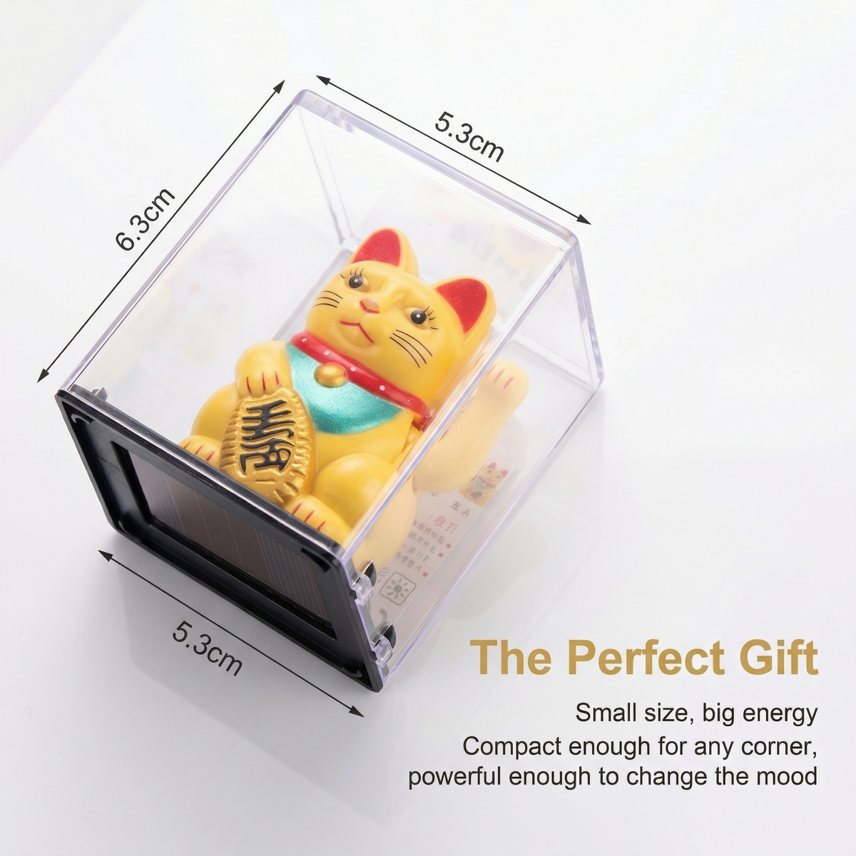 Solar Lucky Cat with display case dimensions - The Perfect Gift