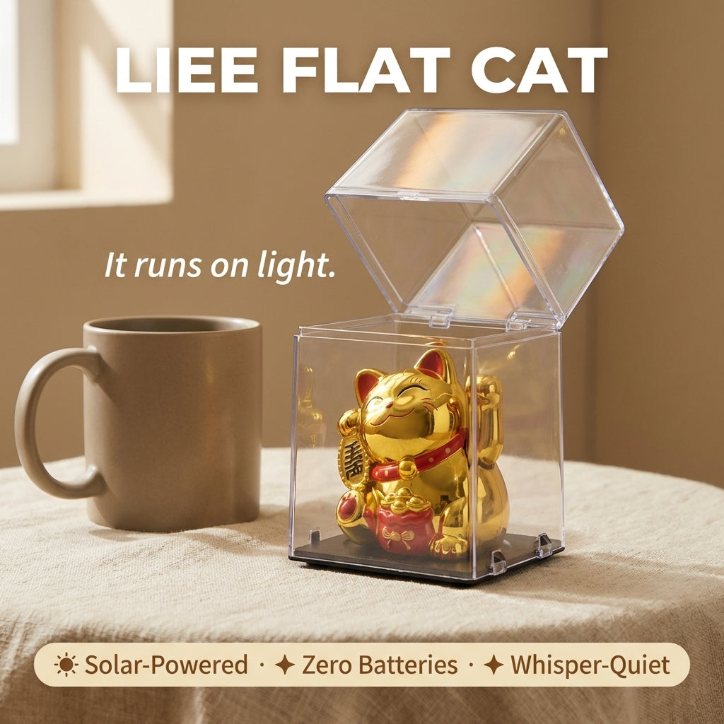 LIEE FLAT CAT solar lucky cat chrome gold with display case - image 1