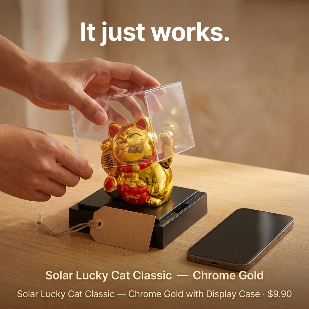 LIEE FLAT CAT solar lucky cat chrome gold with display case - image 3