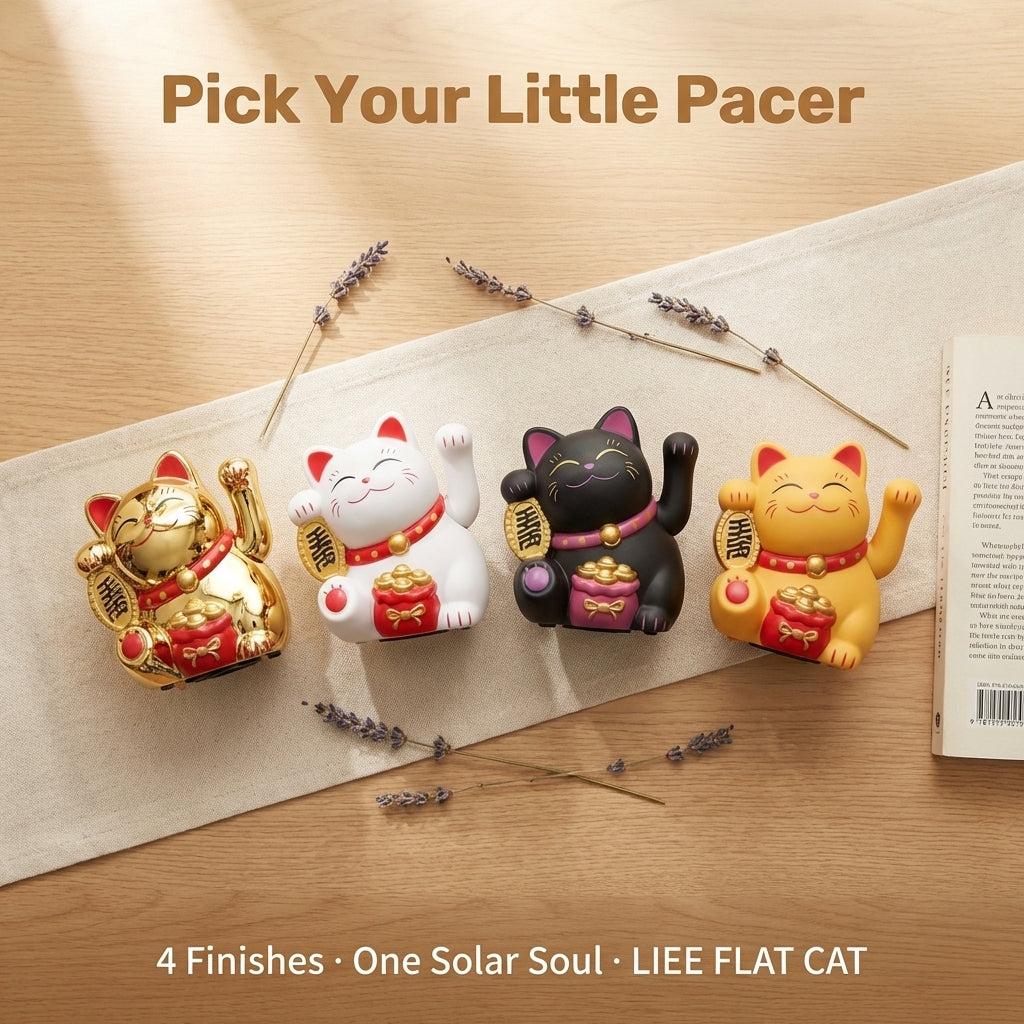 LIEE FLAT CAT solar lucky cat chrome gold with display case - image 5