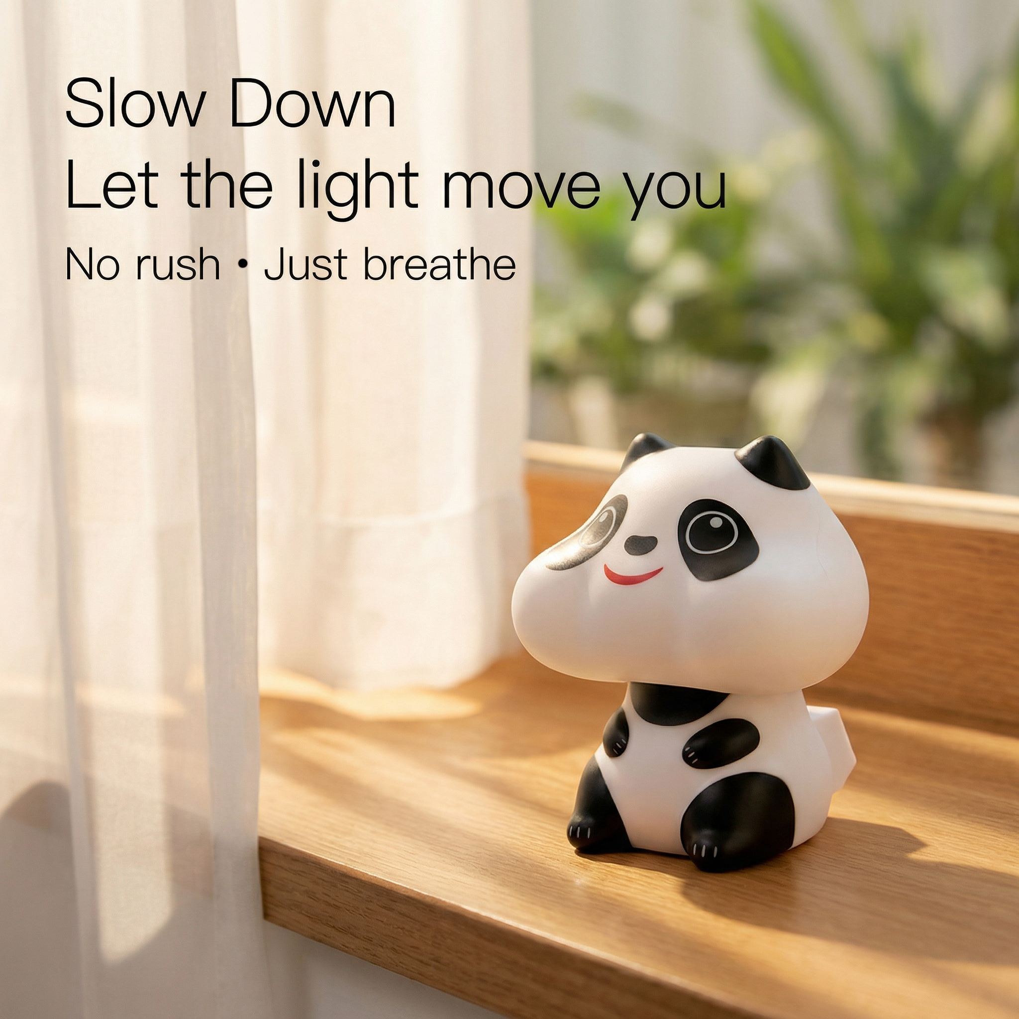 Solar panda figurine on warm wooden windowsill with natural light and sheer curtains