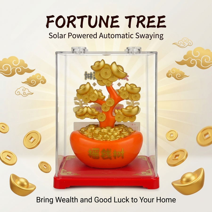 Solar money tree figurine in clear display case with golden branches and coins - LIEE FLAT CAT