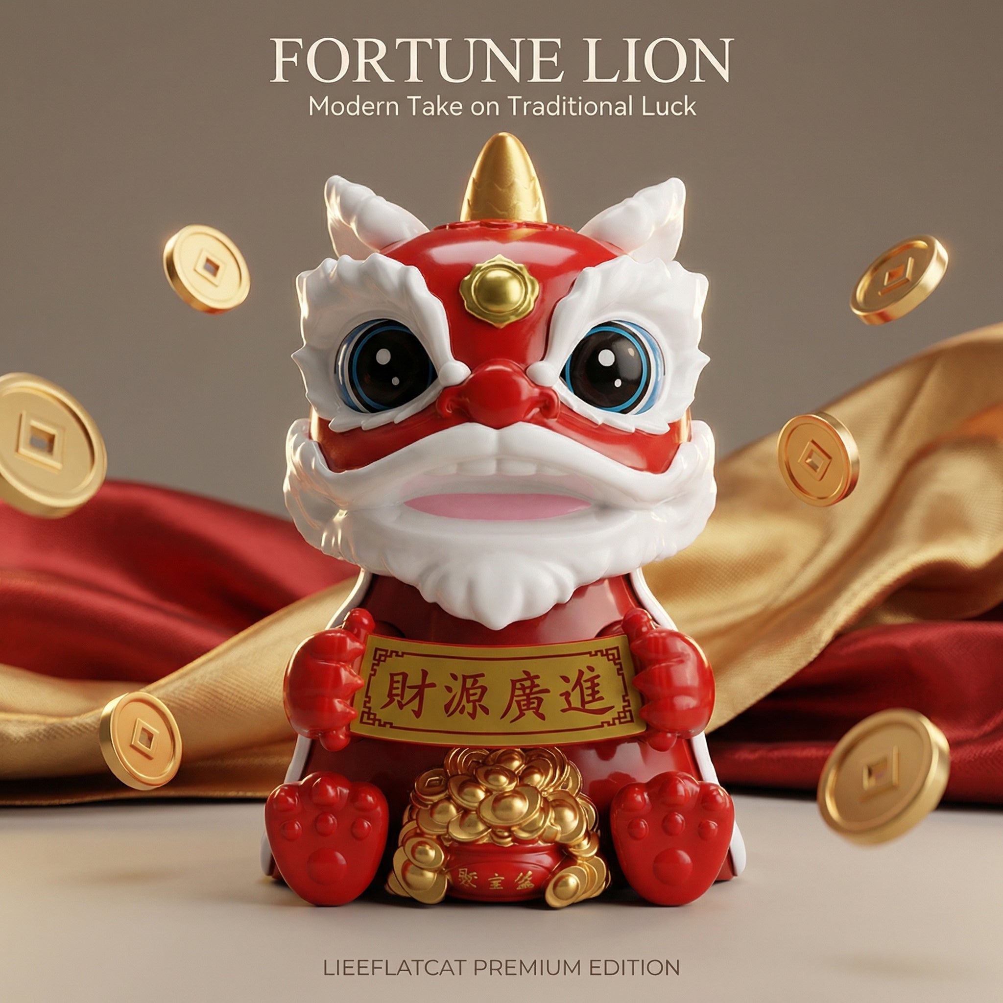 Solar lion dance cat figurine front view with golden coins and red gold background - LIEE FLAT CAT