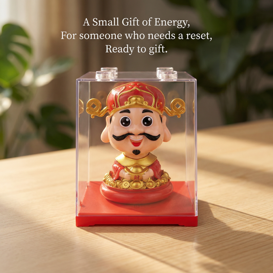 Solar Caishen desk figurine in clear acrylic gift display case on warm wood desk