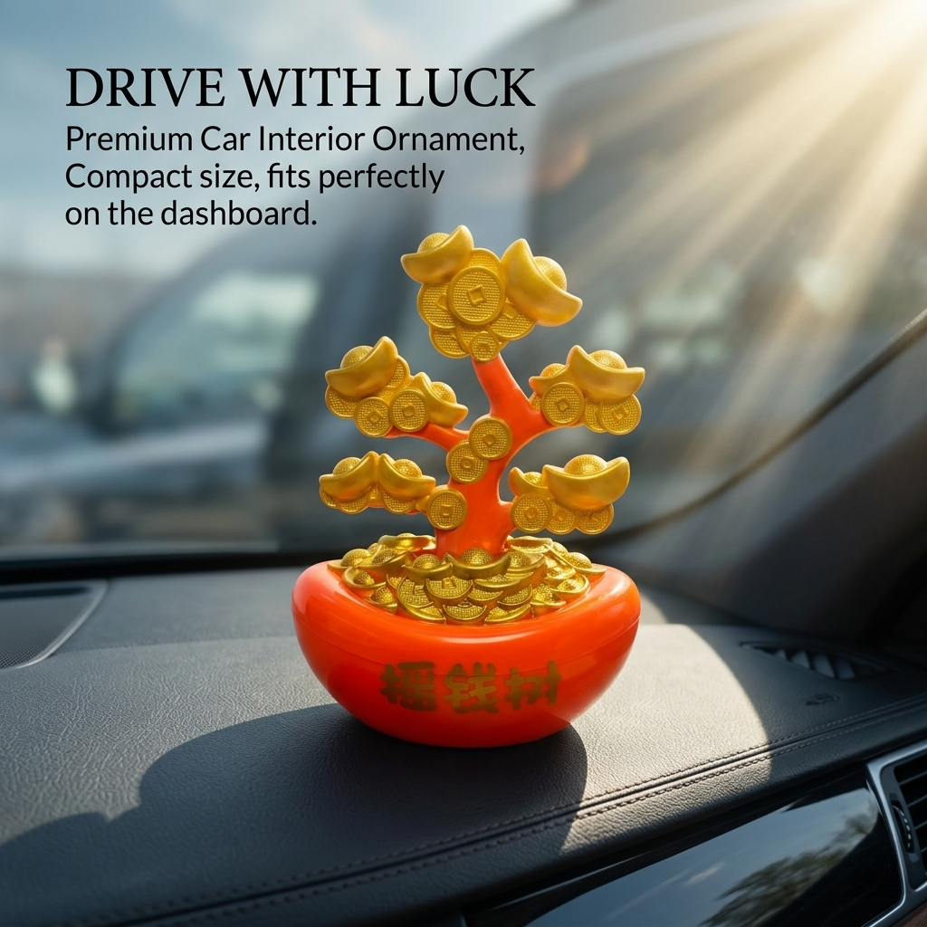 Solar money tree on car dashboard with warm sunlight - compact desk figurine by LIEE FLAT CAT