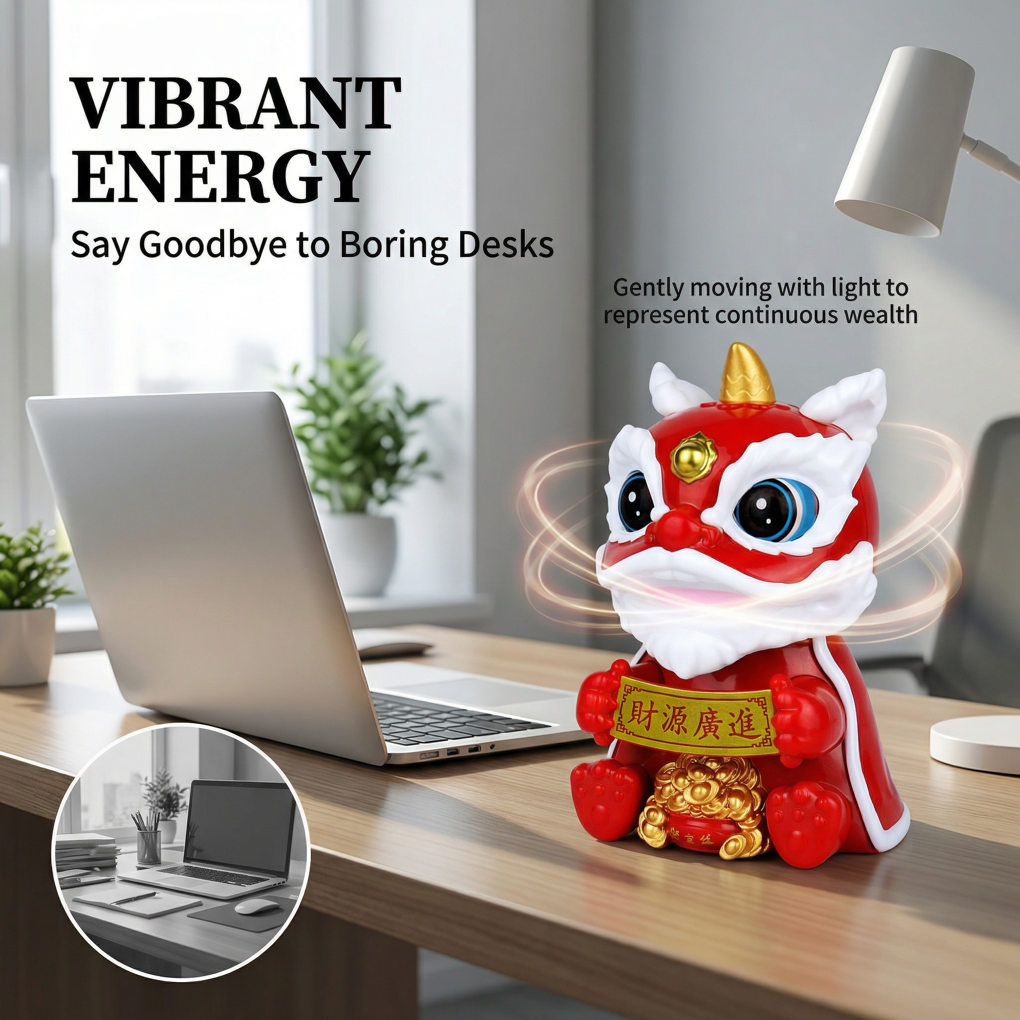Solar lion dance cat on office desk with laptop showing gentle swaying motion - LIEE FLAT CAT