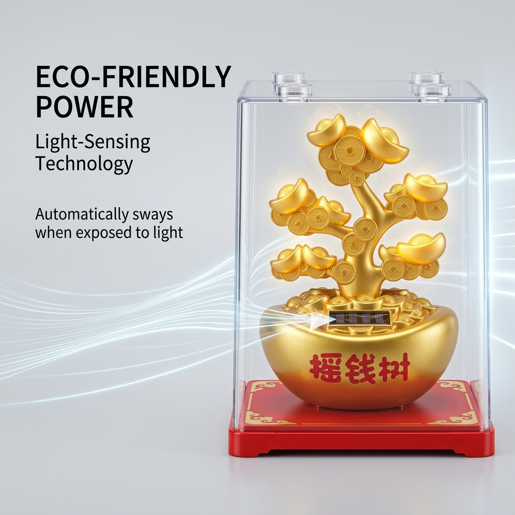 Gold solar money tree showing built-in solar panel - eco-friendly light-powered figurine