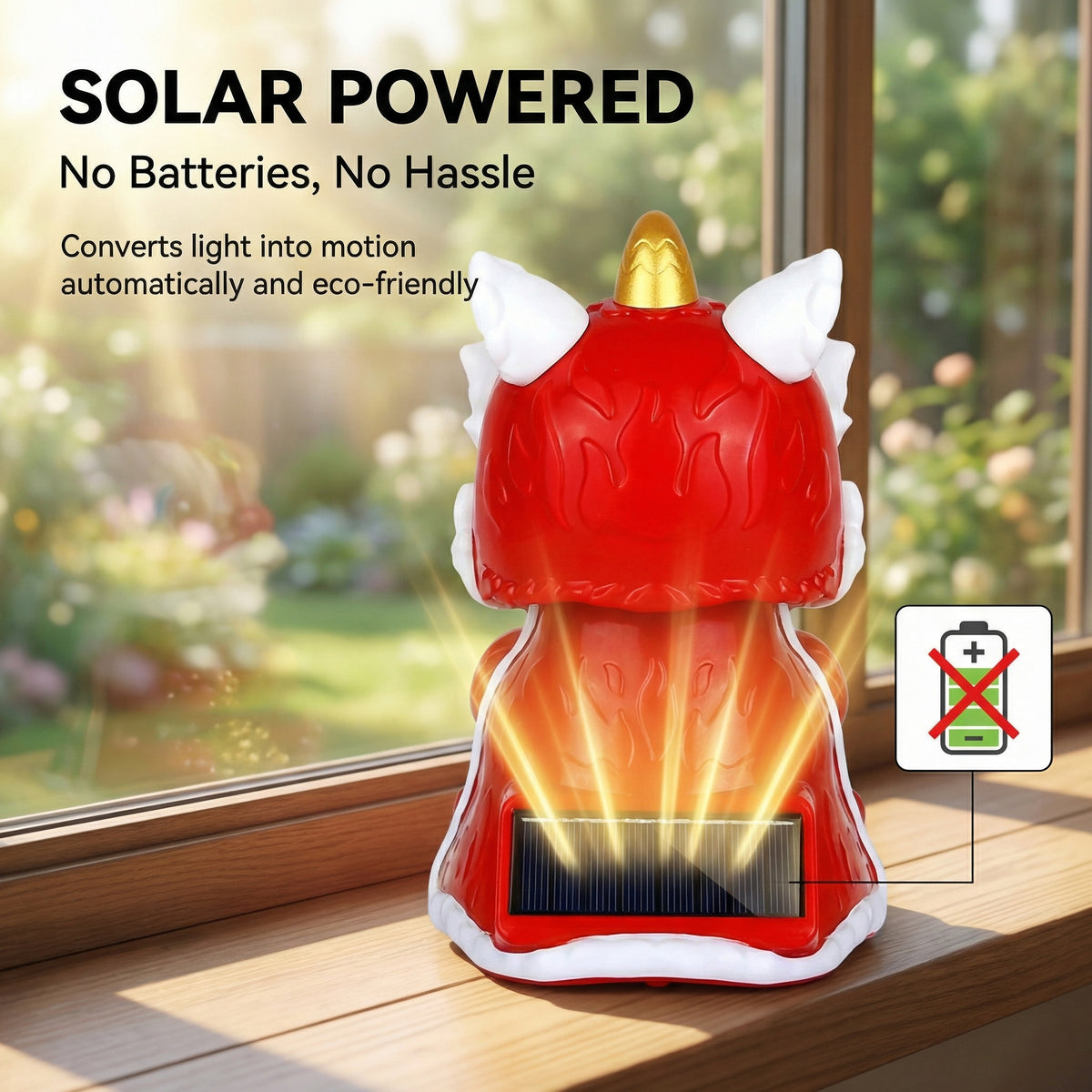 Back view of solar lion dance cat showing solar panel on windowsill in natural light