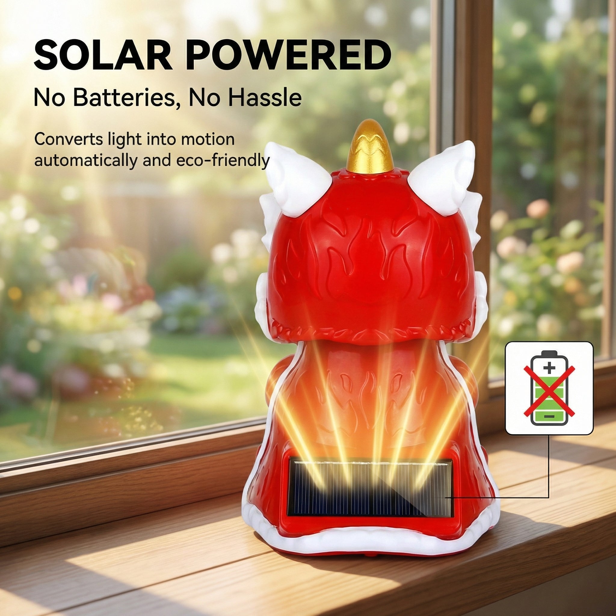 Back view of solar lion dance cat showing solar panel on windowsill in natural light