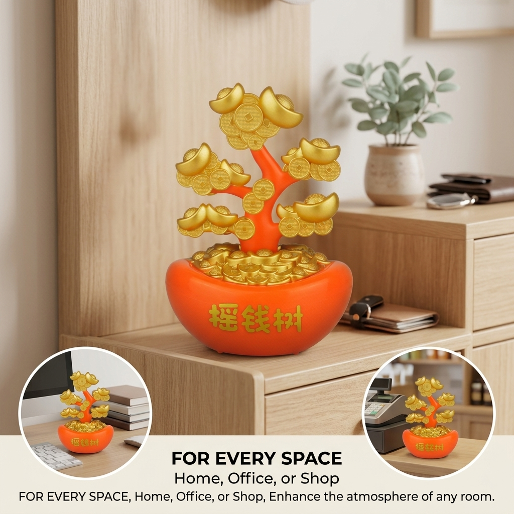 Solar money tree on wooden shelf in modern home office - lifestyle desk decor