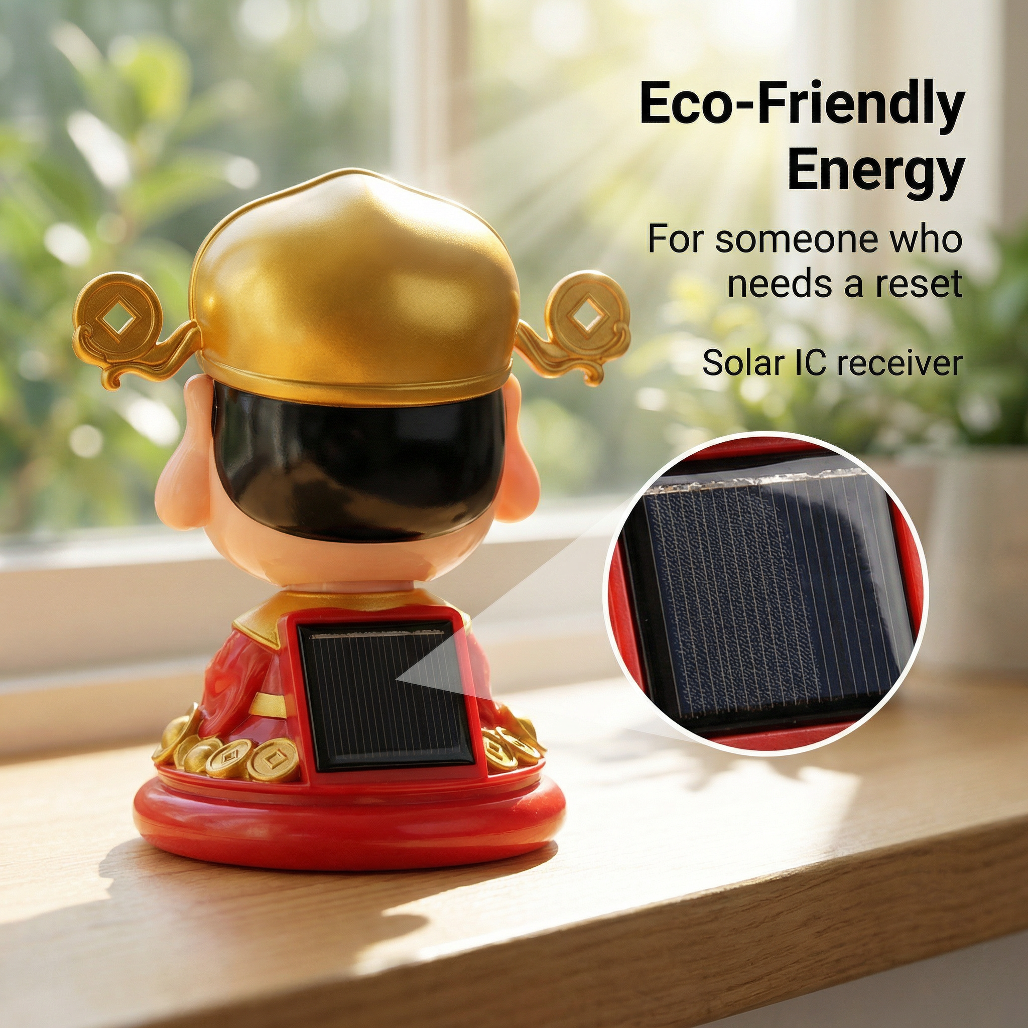 Back view of solar Caishen figurine showing eco-friendly solar panel receiver