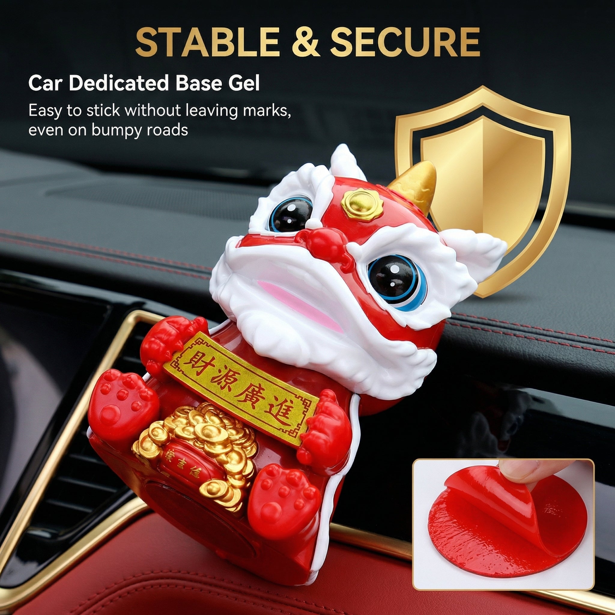 Solar lion dance cat on car dashboard with adhesive gel base for stable mounting
