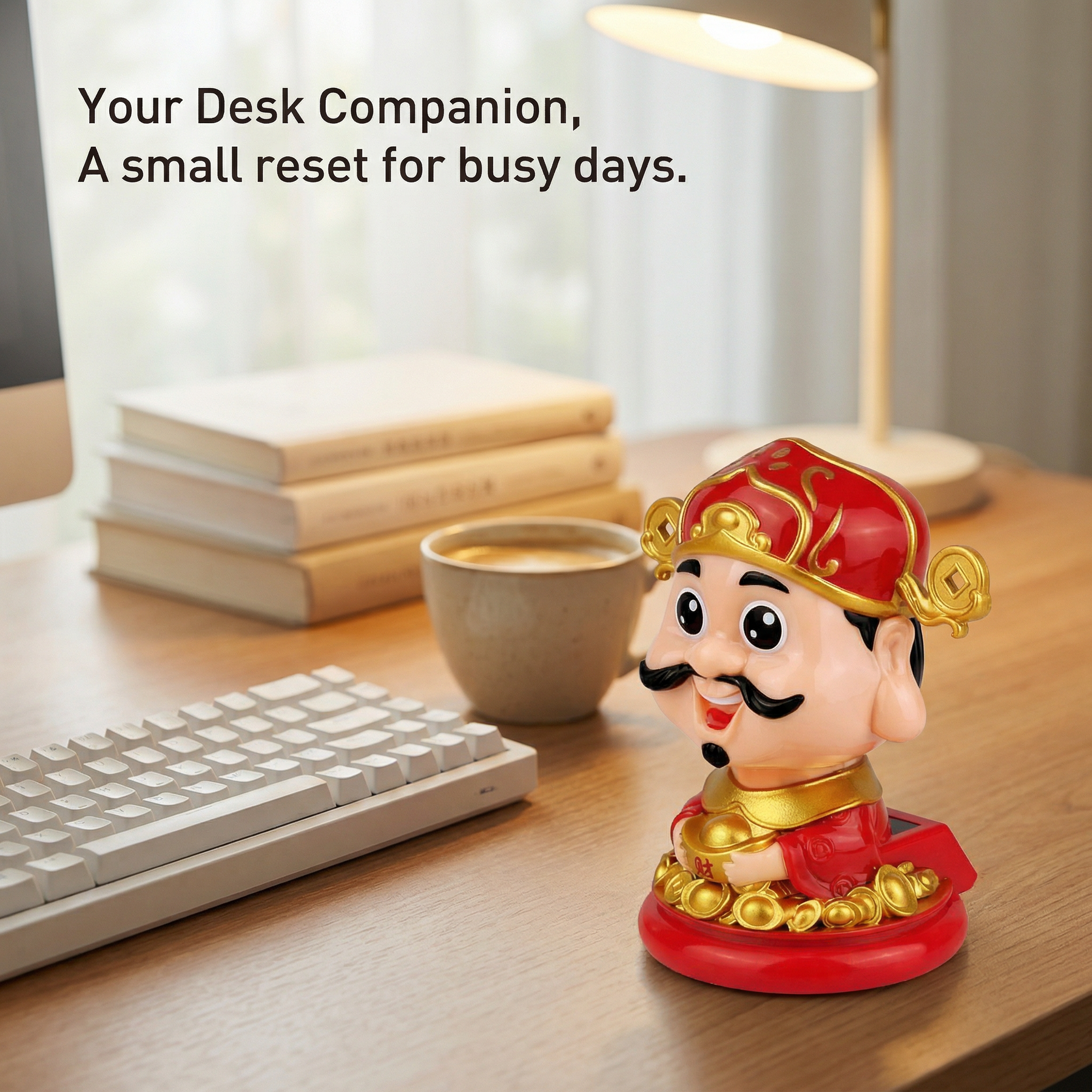 Caishen desk companion figurine beside keyboard and coffee cup in cozy workspace