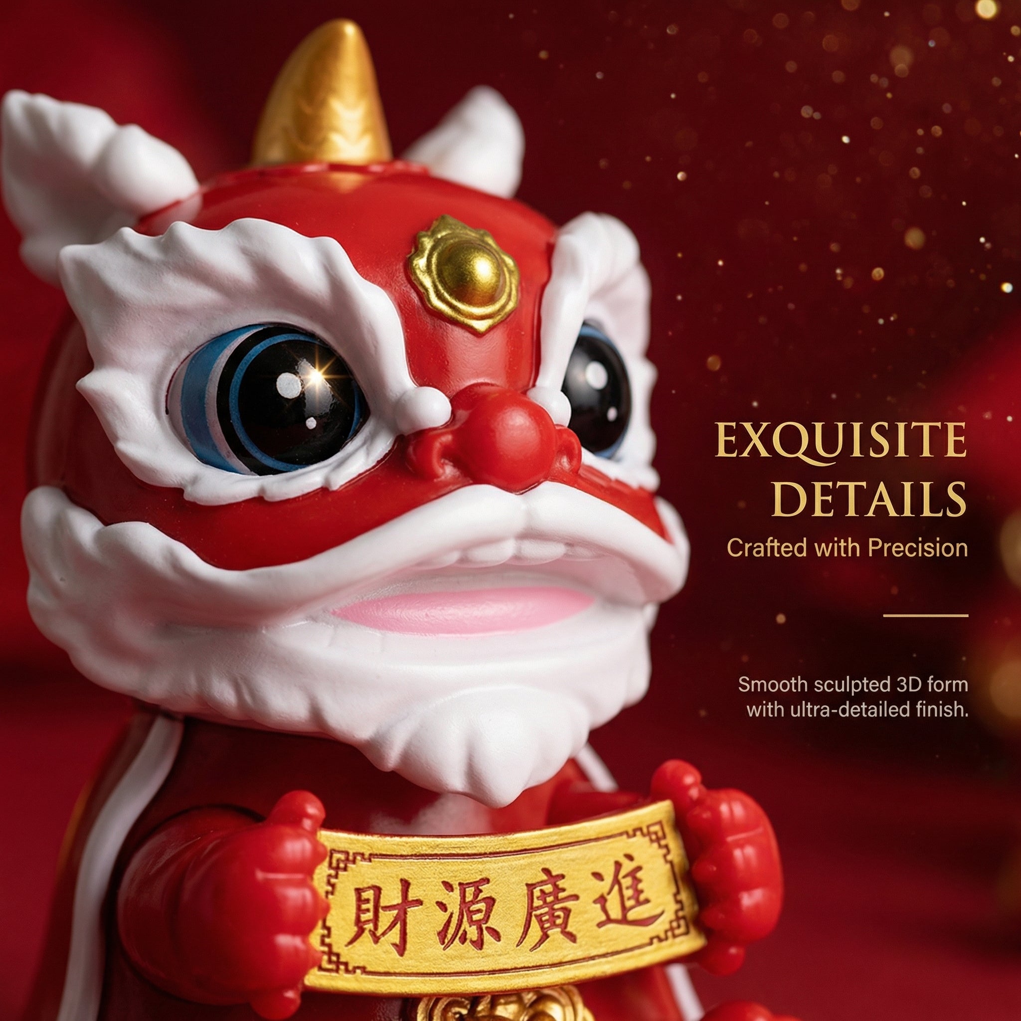 Close-up detail of solar lion dance cat face with big blue eyes and golden horn
