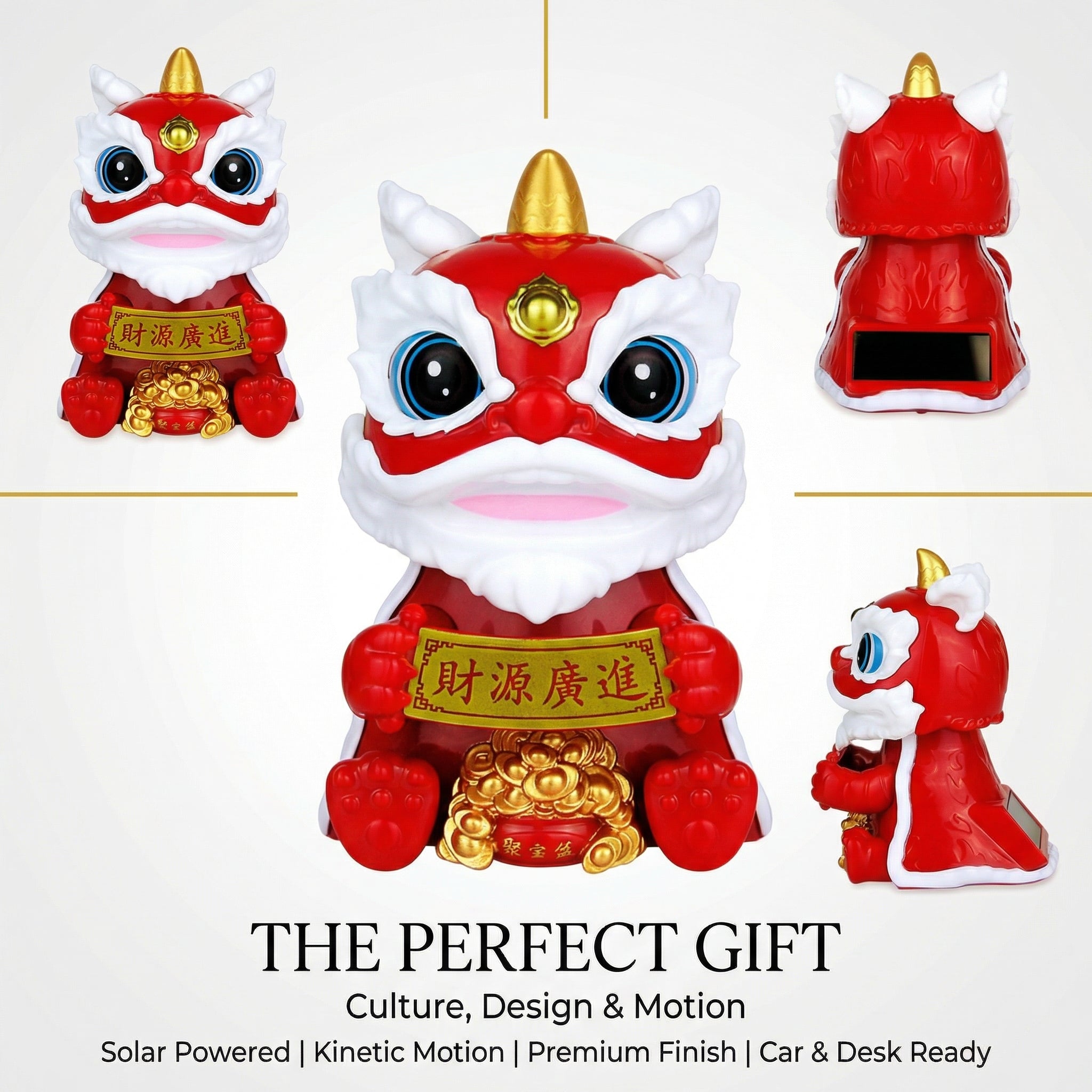 Solar lion dance cat multi-angle view showing front back and side as perfect gift