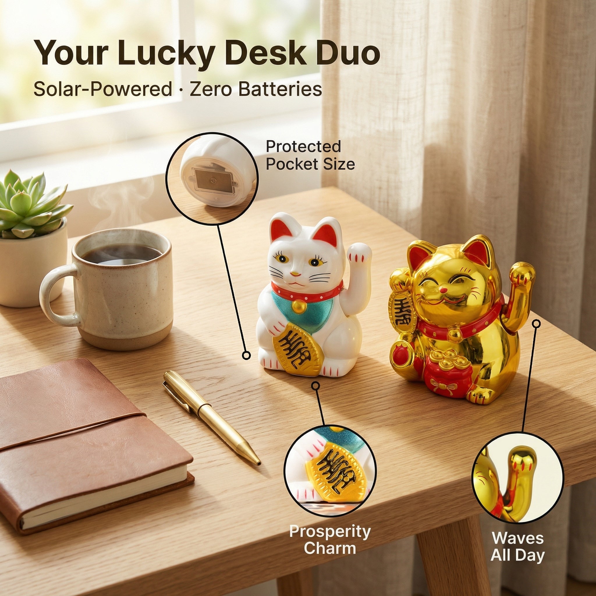 Solar Lucky Cat 2-Pack — White + Gold Duo | LIEE FLAT CAT