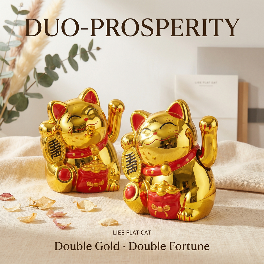 Golden Duo solar lucky cat bundle - image 1 - LIEE FLAT CAT
