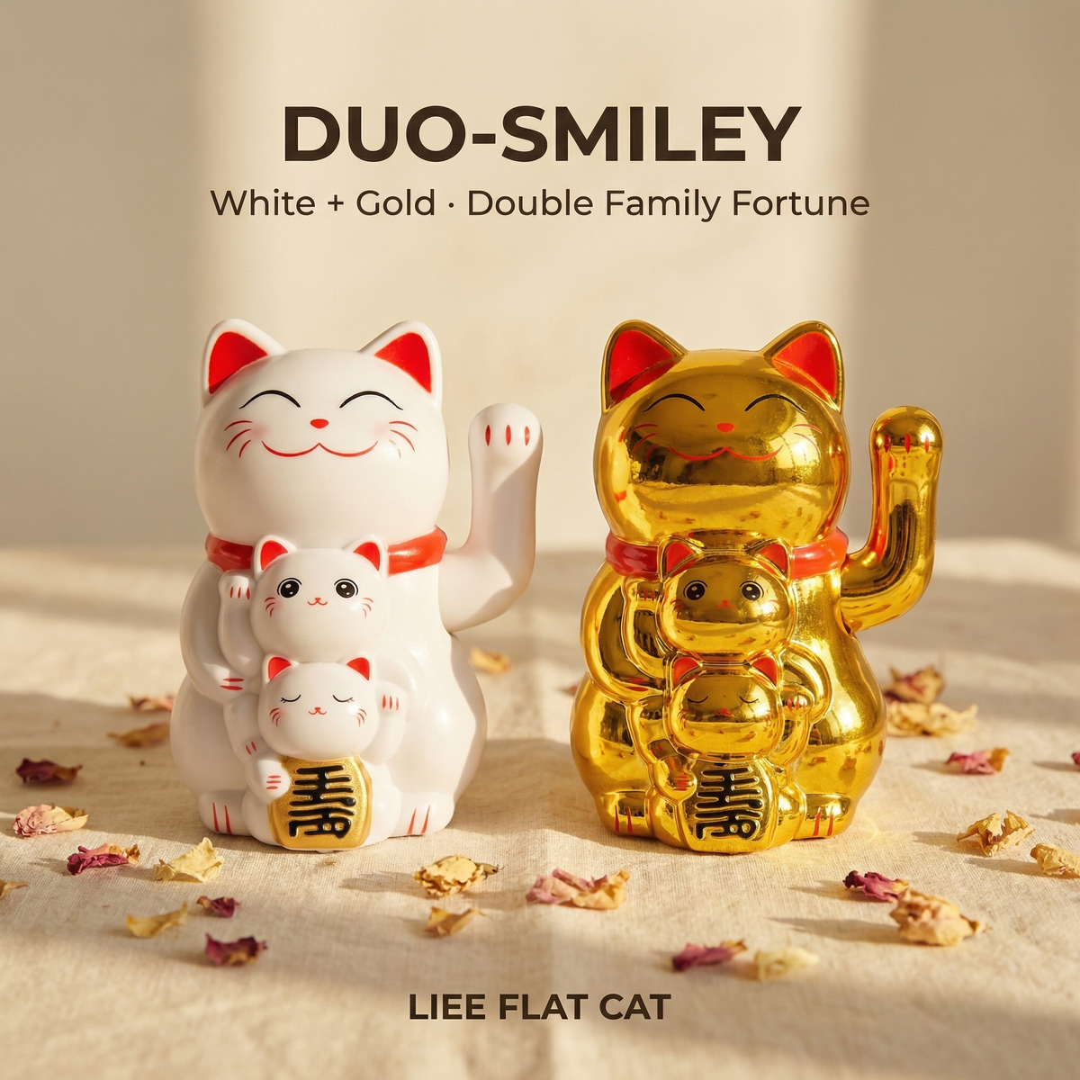 Smiley Solar Lucky Cat Duo | Gold + White