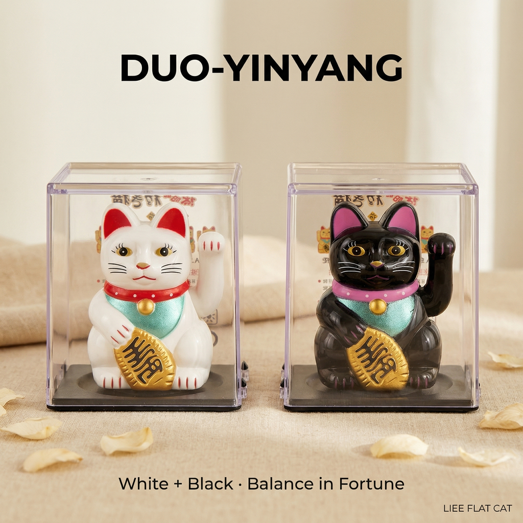 Yin Yang Lucky Cat 2-Pack — Black + White | LIEE FLAT CAT