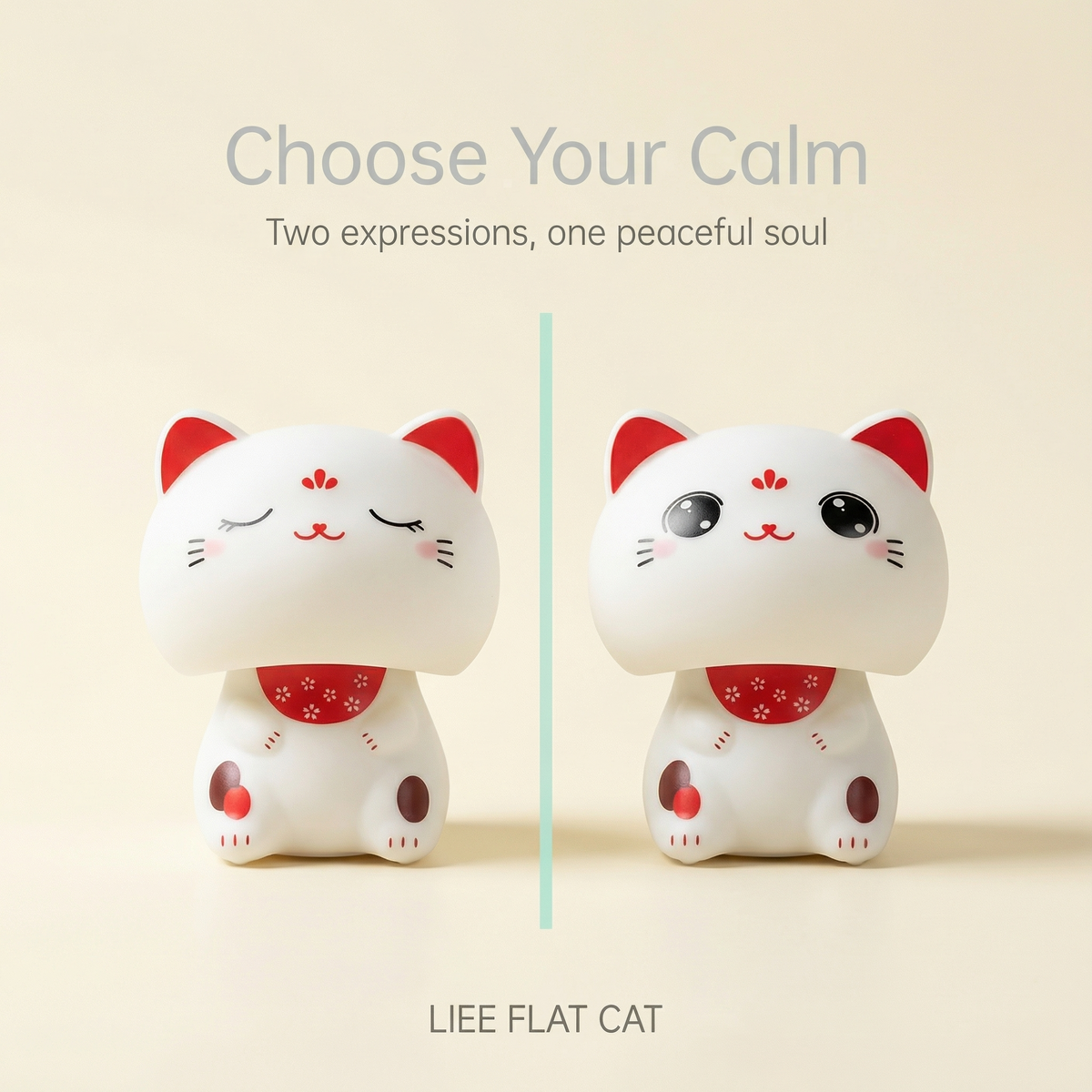 Big Head Solar Lucky Cat two variants - Closed Eyes serene and Open Eyes curious expressions side by side