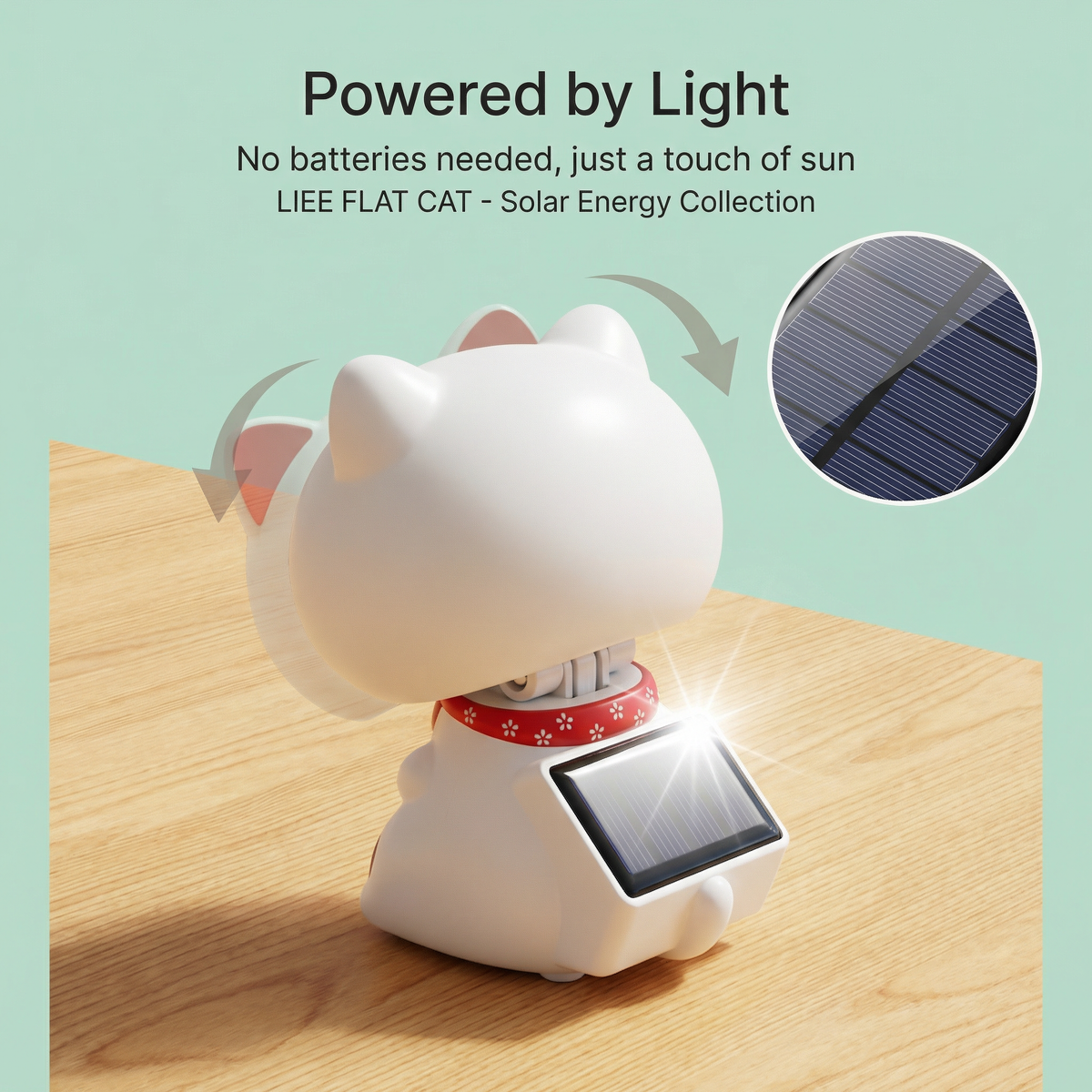 Big Head Solar Lucky Cat solar panel detail - powered by light, no batteries needed, gentle waving motion