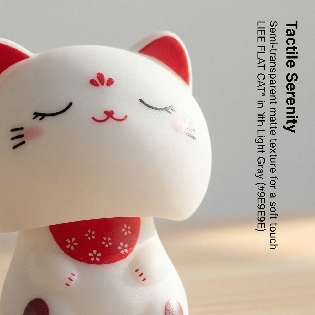 Big Head Solar Lucky Cat close-up - semi-transparent matte texture, cherry blossom bib, tactile serenity