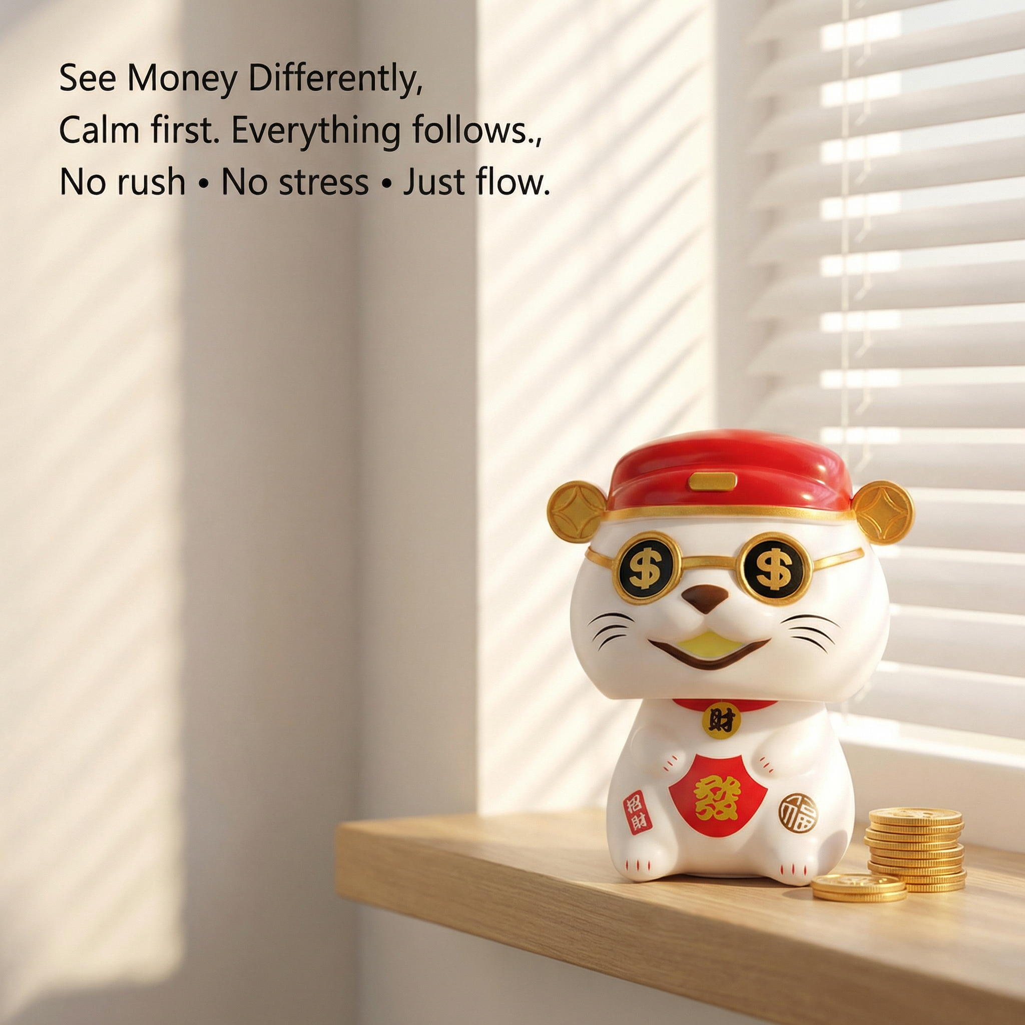 Solar Wealth Cat figurine on windowsill with morning light - LIEE FLAT CAT mini desk companion