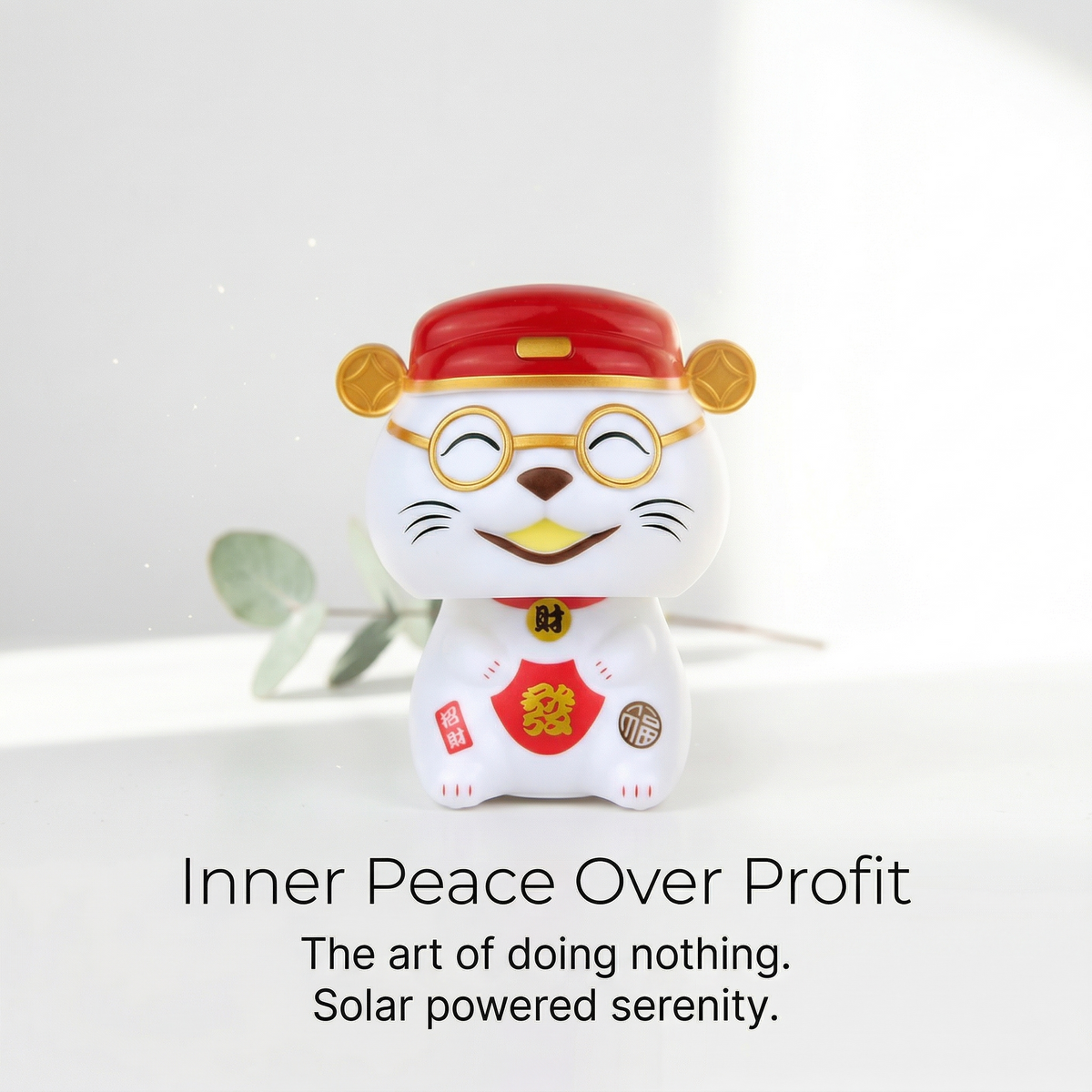 Solar Mini Desk Cat with dollar-sign sunglasses - minimal studio shot by LIEE FLAT CAT
