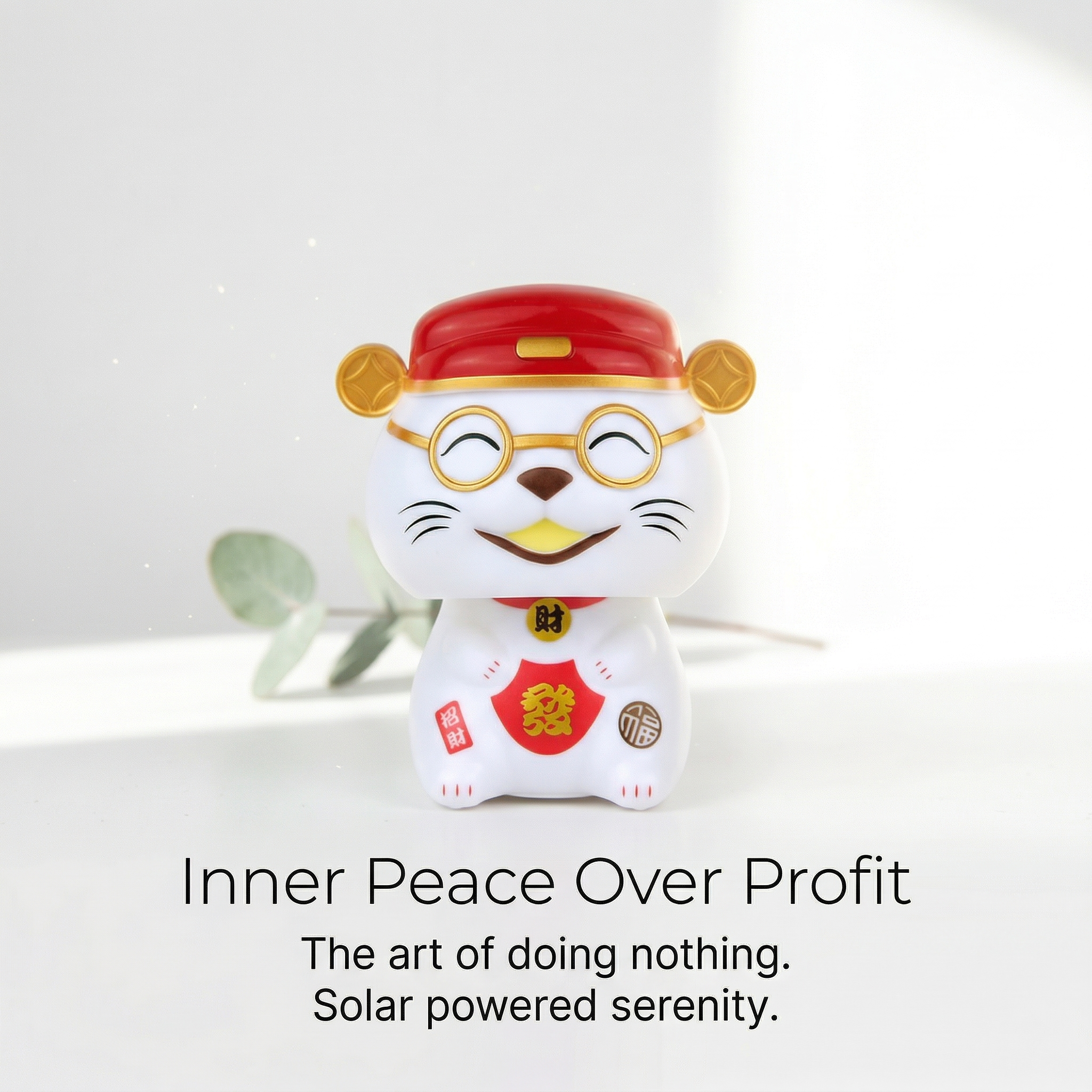 Solar-powered God of Wealth cat with dollar-sign sunglasses - minimal studio shot by LIEE FLAT CAT