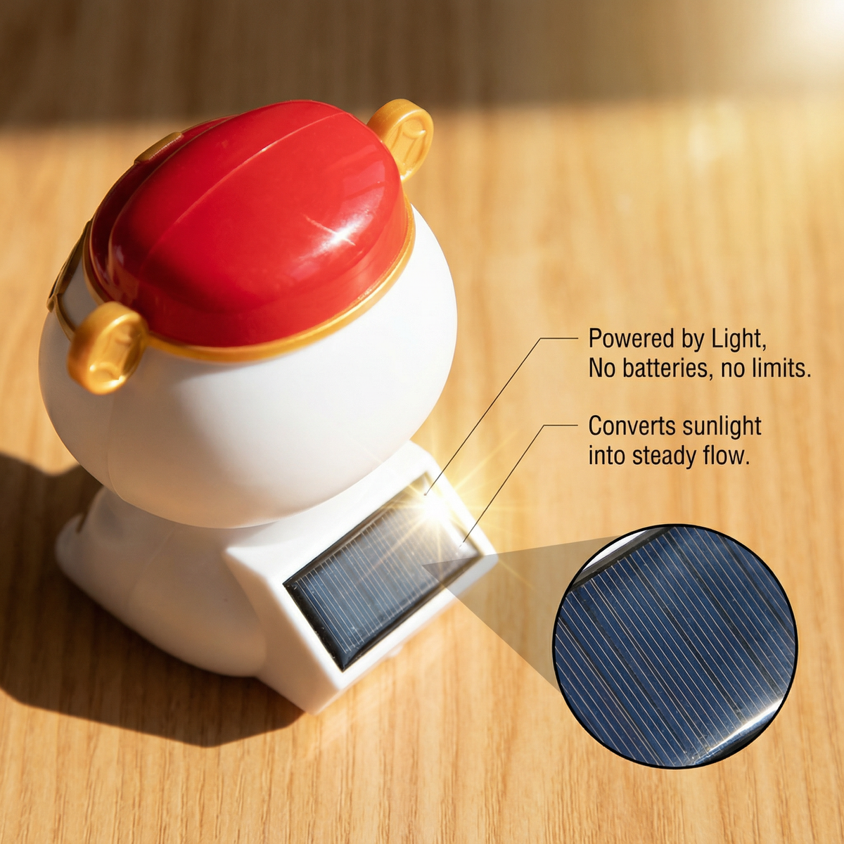 Solar panel detail on back of mini desk cat figurine - powered by light with no batteries needed