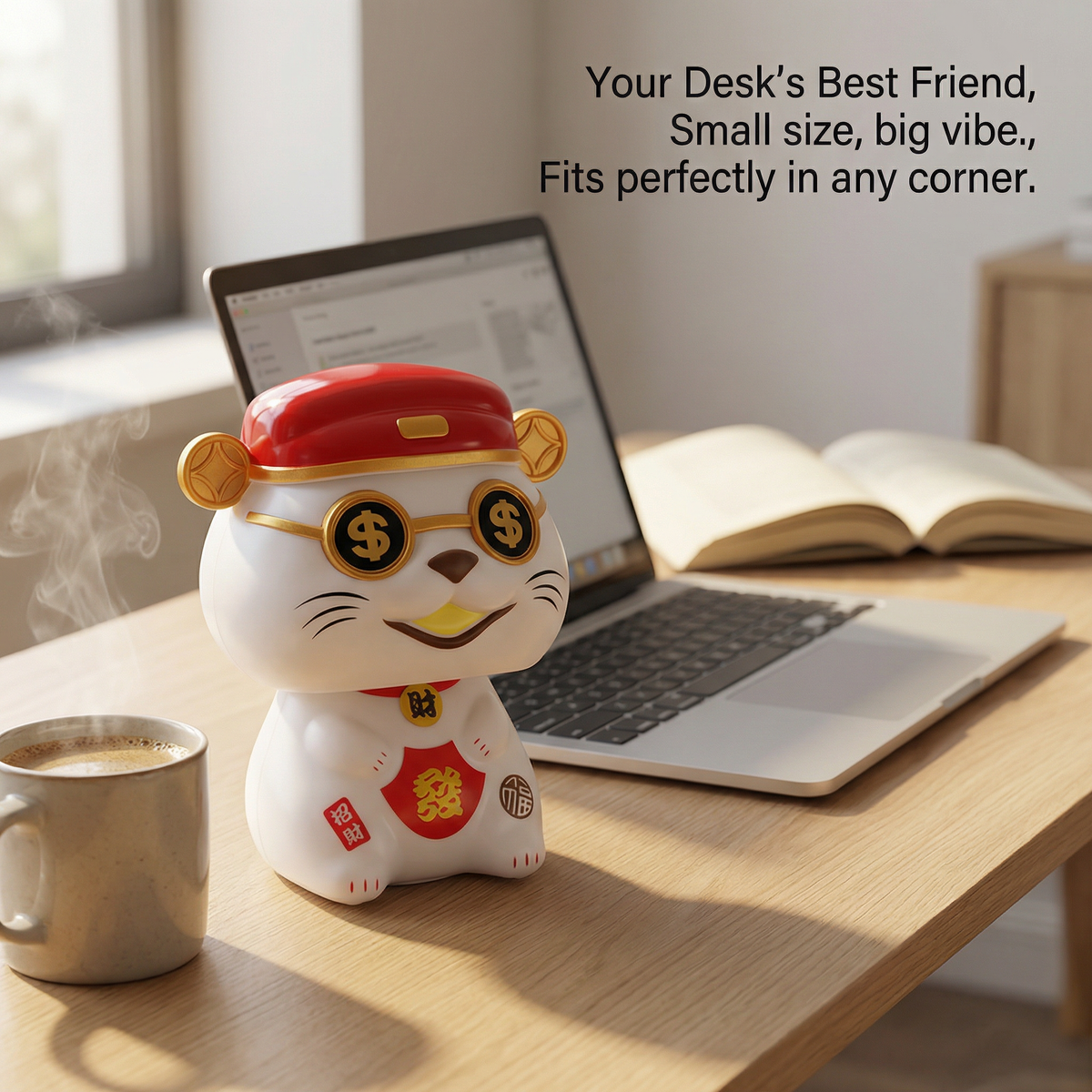 Solar Mini Desk Cat on desk with laptop and coffee - compact WFH desk companion by LIEE FLAT CAT