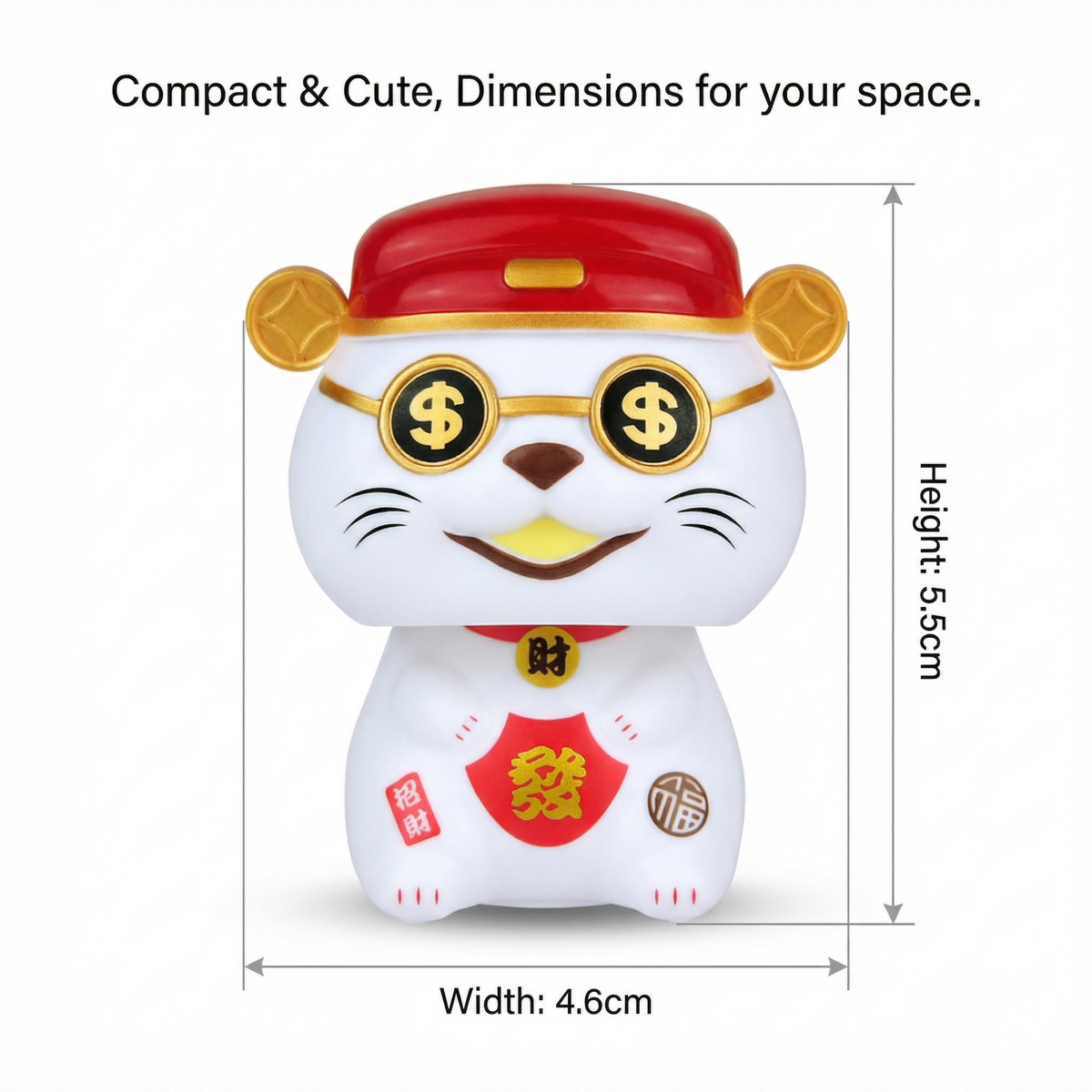 Solar Mini Desk Cat dimensions 4.6 cm wide and 5.5 cm tall - compact mini desk figurine size guide