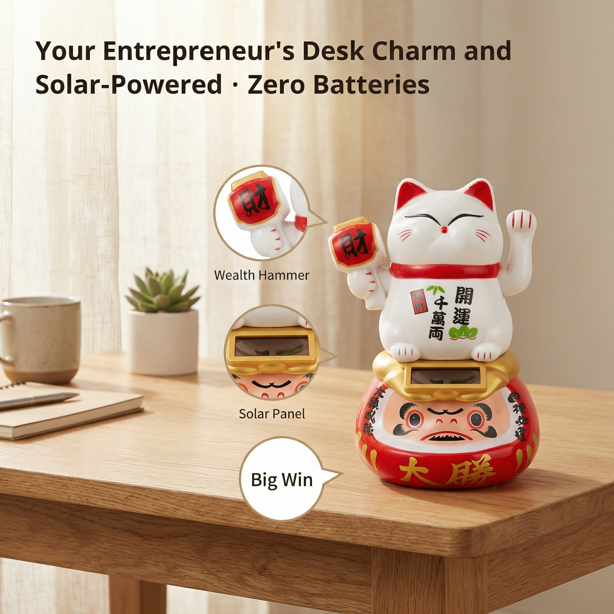 Solar Daruma Lucky Cat — Cultural Fusion Desk Figurine - image 2 - LIEE FLAT CAT