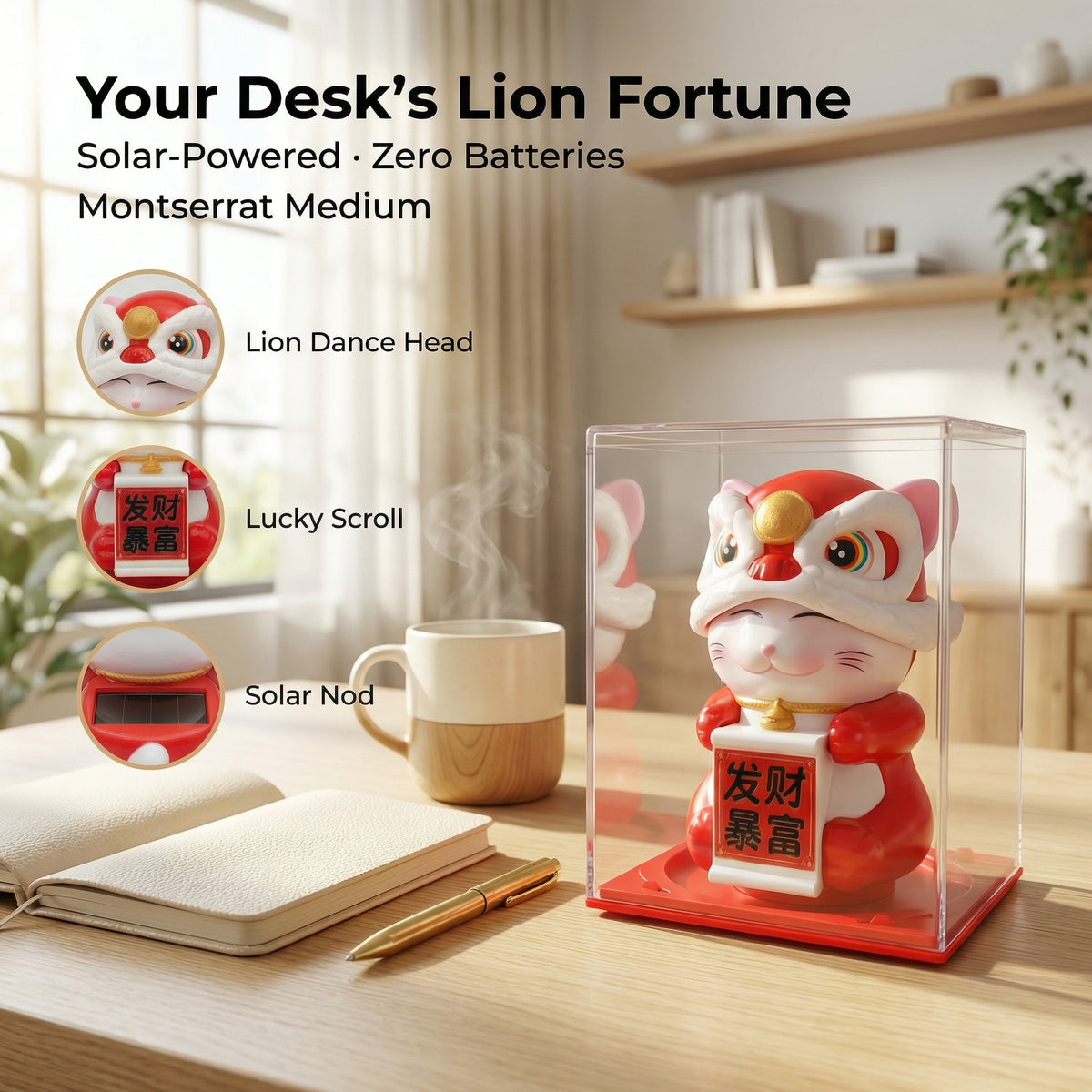Solar Lion Dance Panda — Cultural Fusion Desk Figurine - image 2 - LIEE FLAT CAT