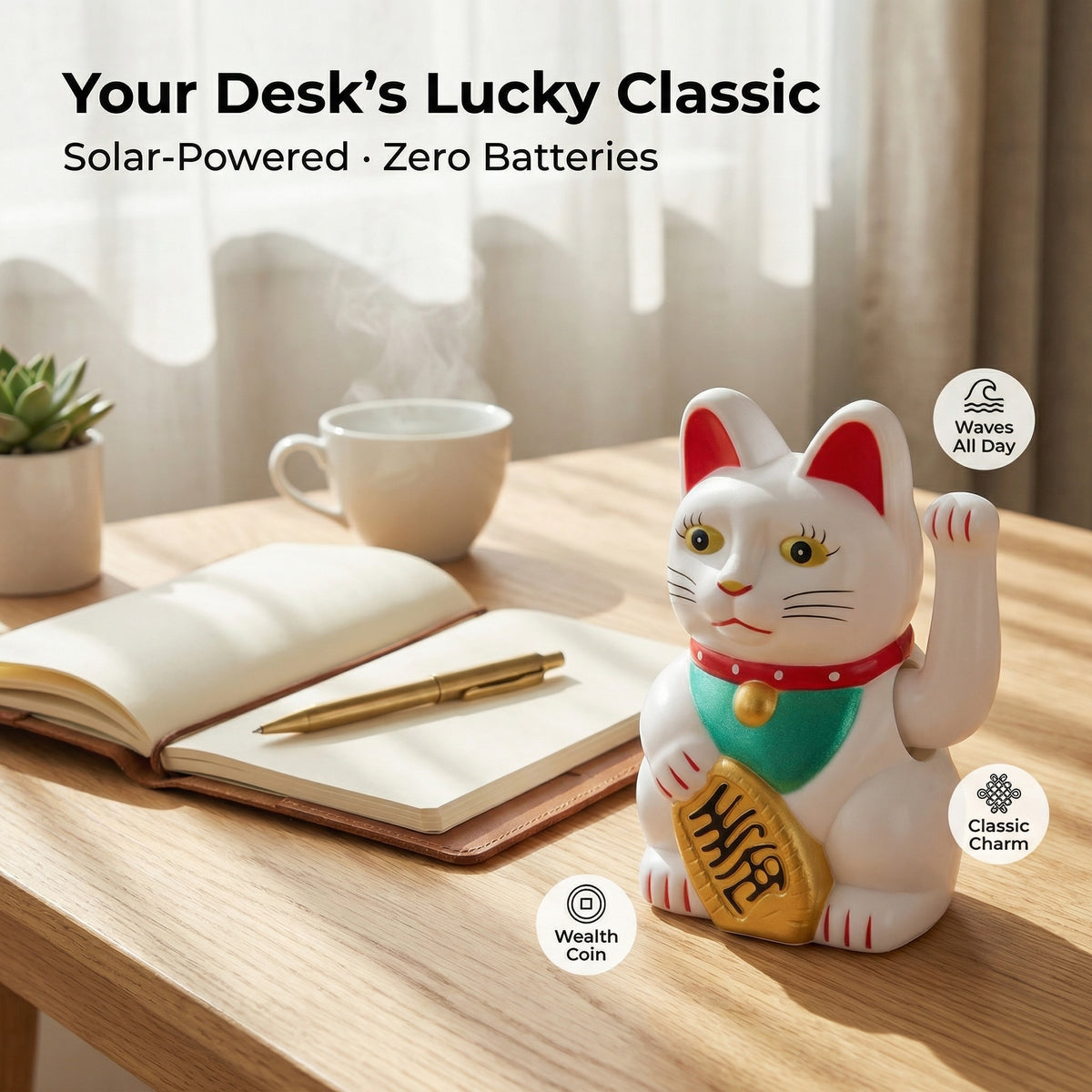 Solar Lucky Cat 3-Inch Classic — White, Gold, or Black - image 2 - LIEE FLAT CAT