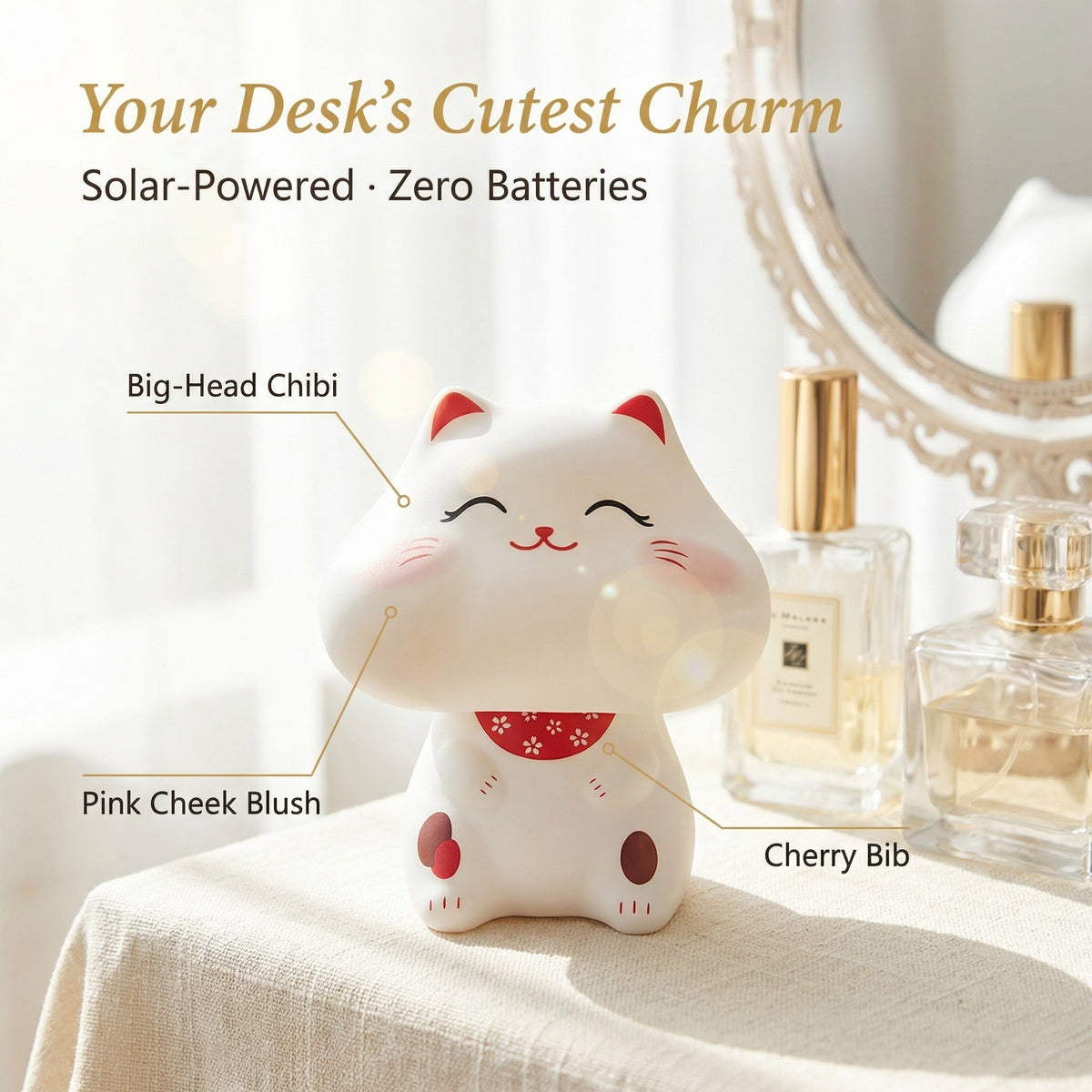 Solar Lucky Cat in Dome Display Case — Fat Head Edition - image 2 - LIEE FLAT CAT