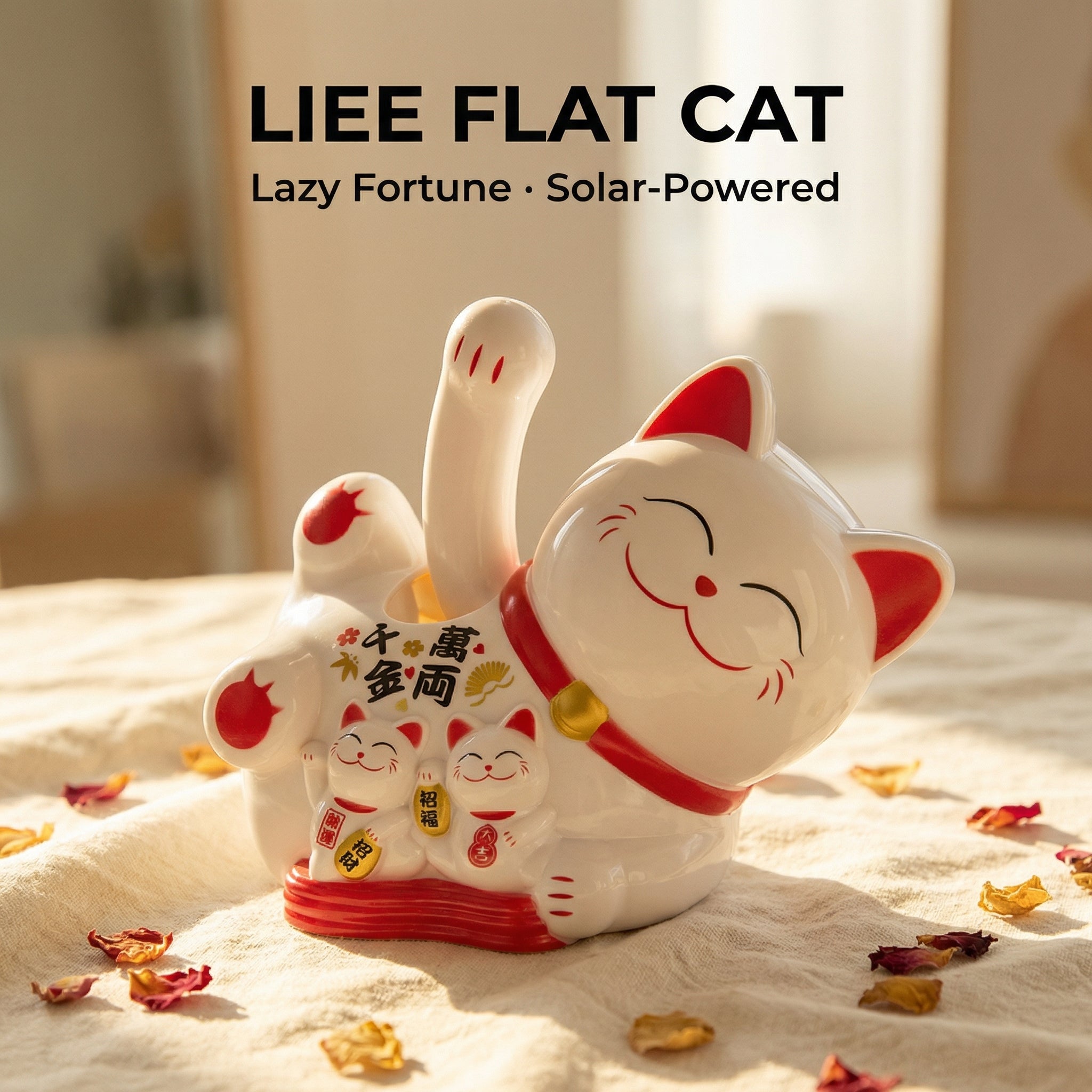 Solar Lying Lucky Cat — Horizontal Desk Figurine (Mid-Size) - image 1 - LIEE FLAT CAT