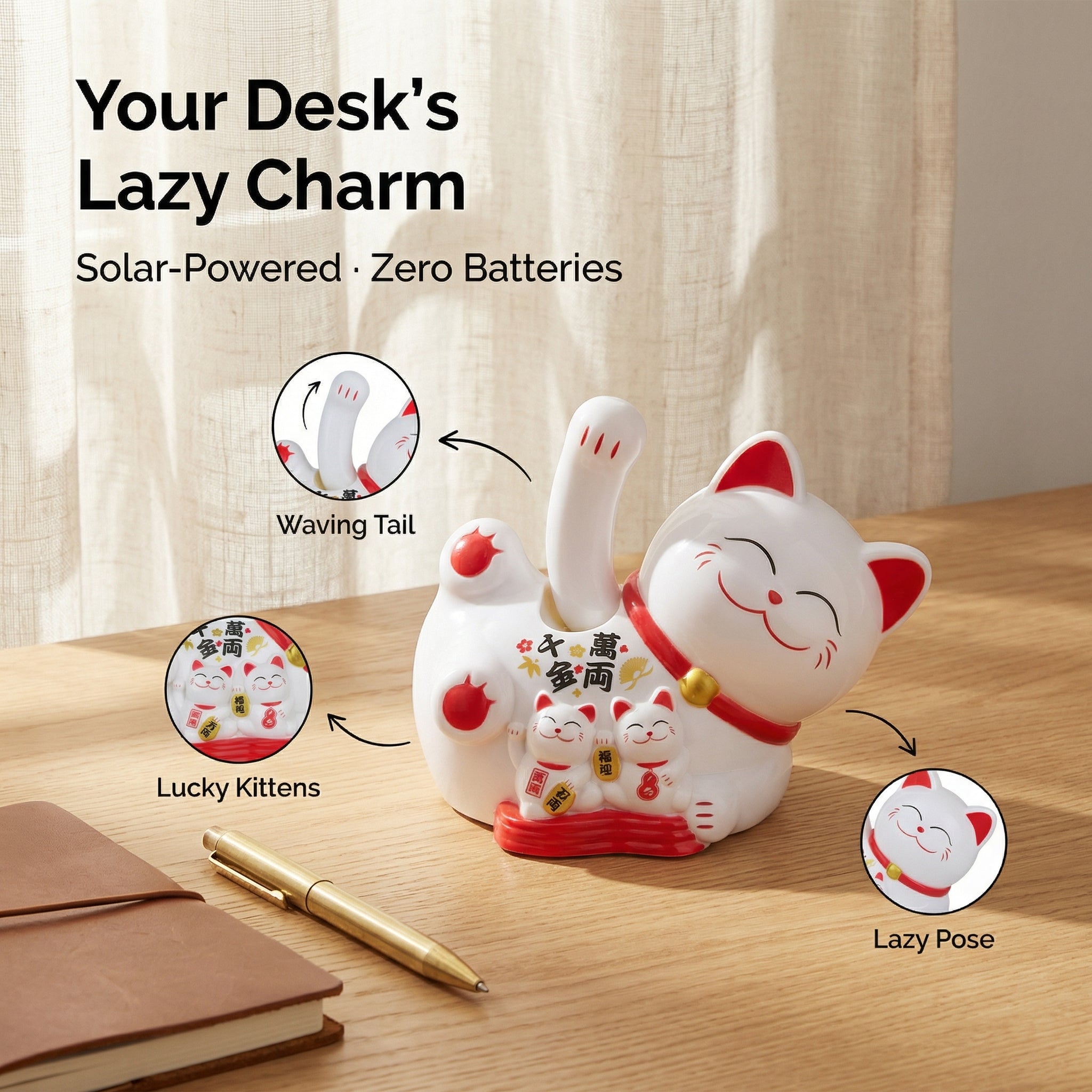 Solar Lying Lucky Cat — Horizontal Desk Figurine (Mid-Size) - image 2 - LIEE FLAT CAT