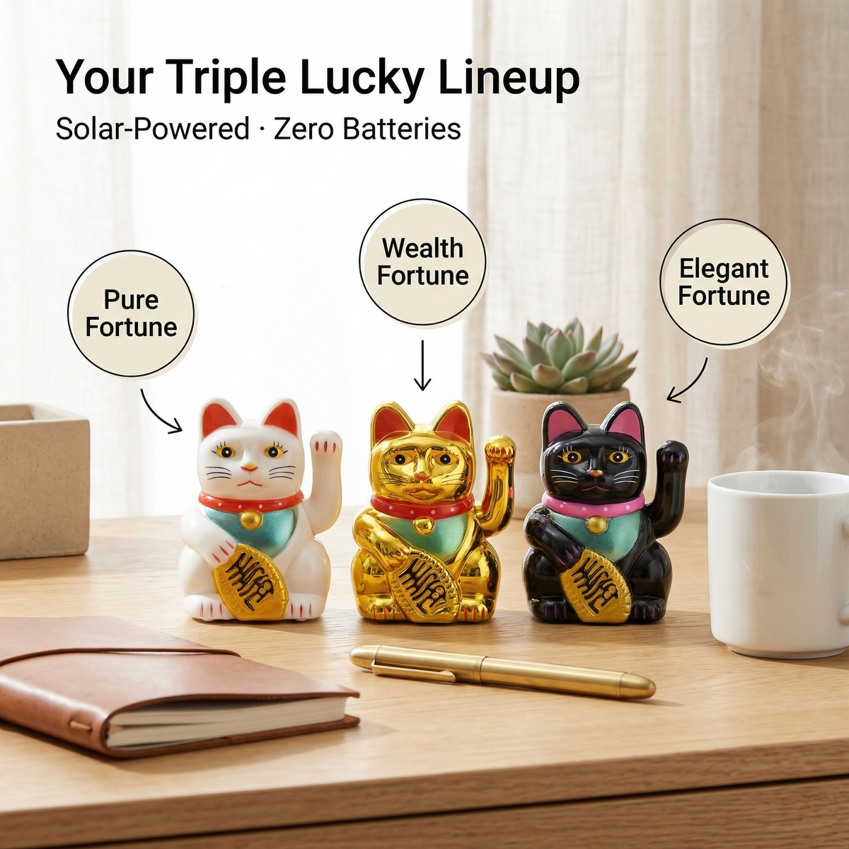 Classic Lucky Cat Trio: White + Gold + Black 3-Pack