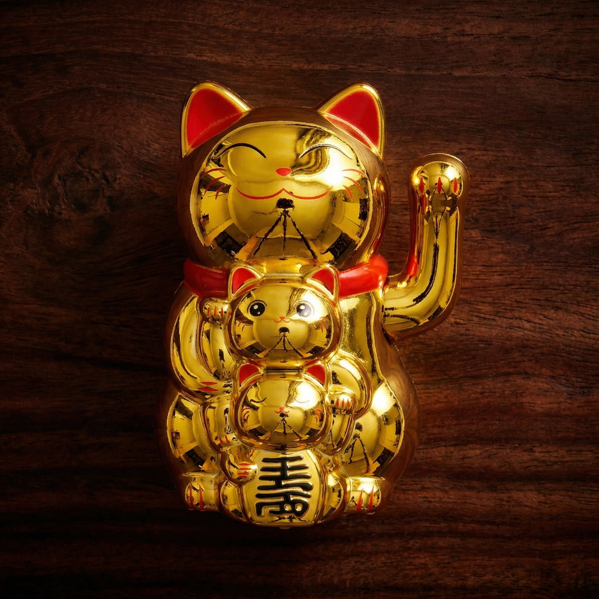 Gold Smiley Solar Lucky Cat figurine - premium mirror-shine finish - lucky cat desk decor