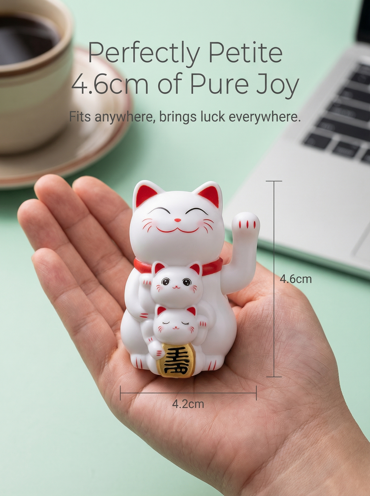 Smiley Solar Lucky Cat palm-sized 4.6cm tall - fits in hand - cute mini desk decor with mama and baby cat