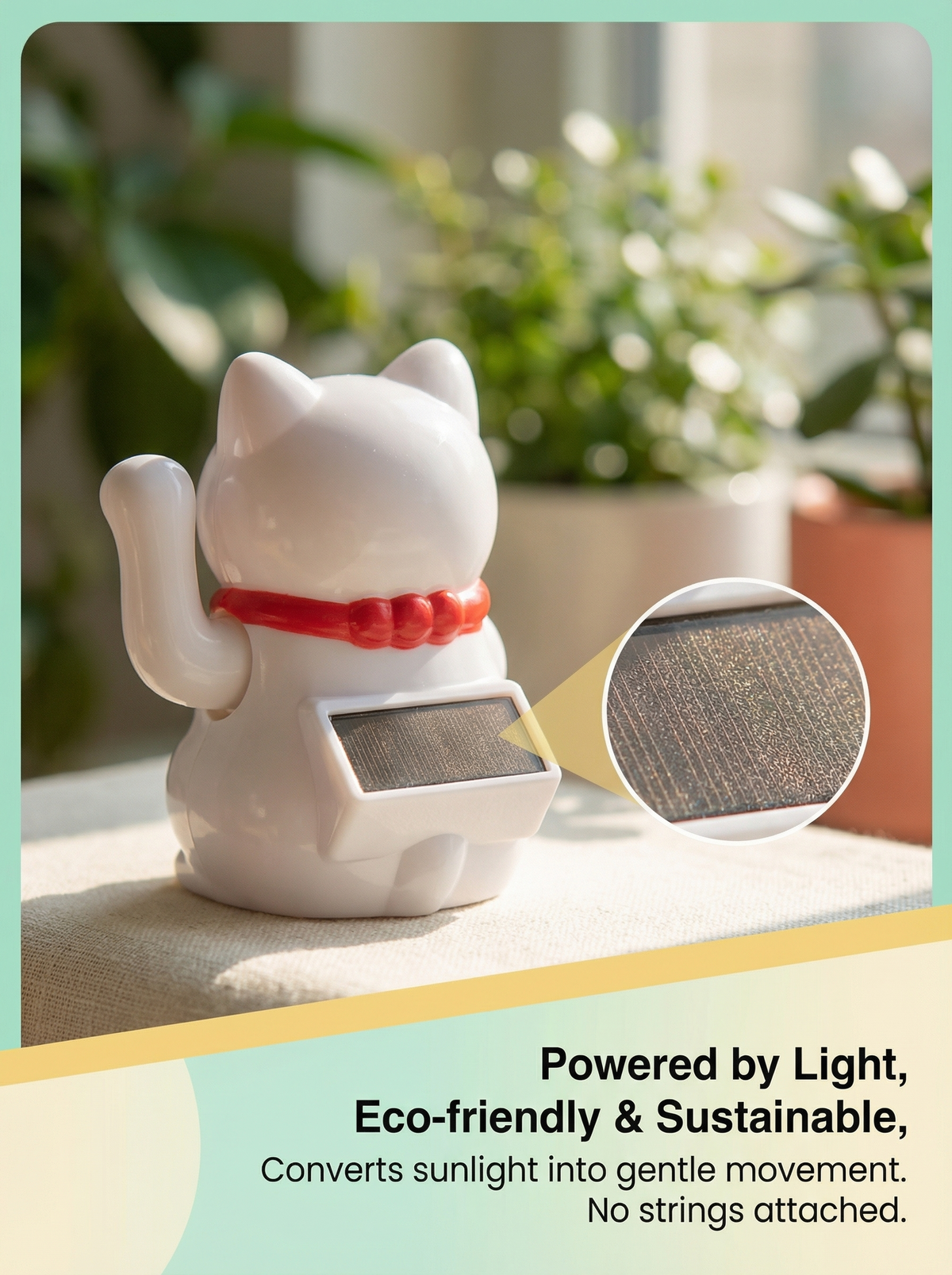 Solar-powered lucky cat figurine - eco-friendly sustainable desk toy powered by light - no batteries needed