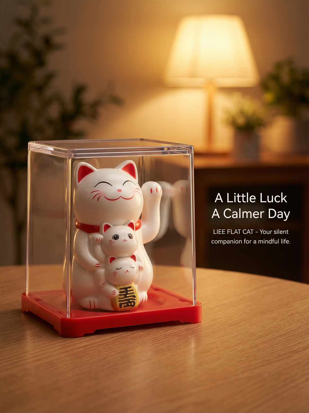 Smiley Solar Lucky Cat in display case on table with warm lamp light - cozy evening desk decor