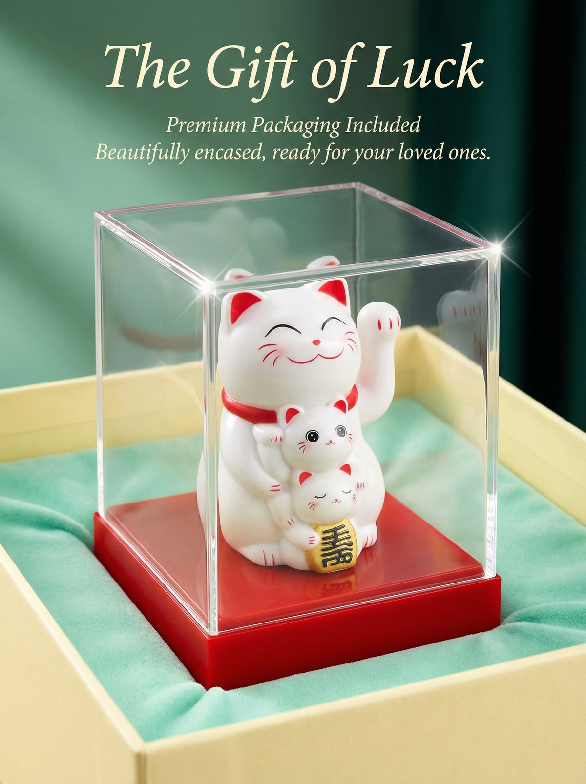 Solar Lucky Cat gift packaging - premium clear display case - ready to gift cat lover present