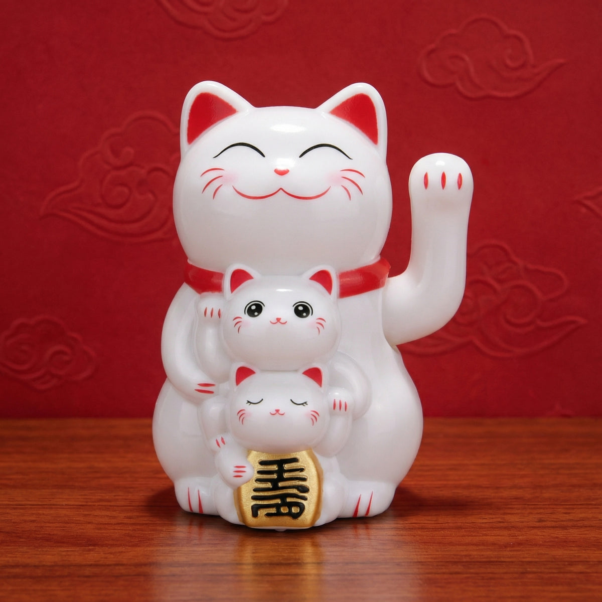White Smiley Solar Lucky Cat figurine - mama and baby duo - cute waving paw cat desk accessory