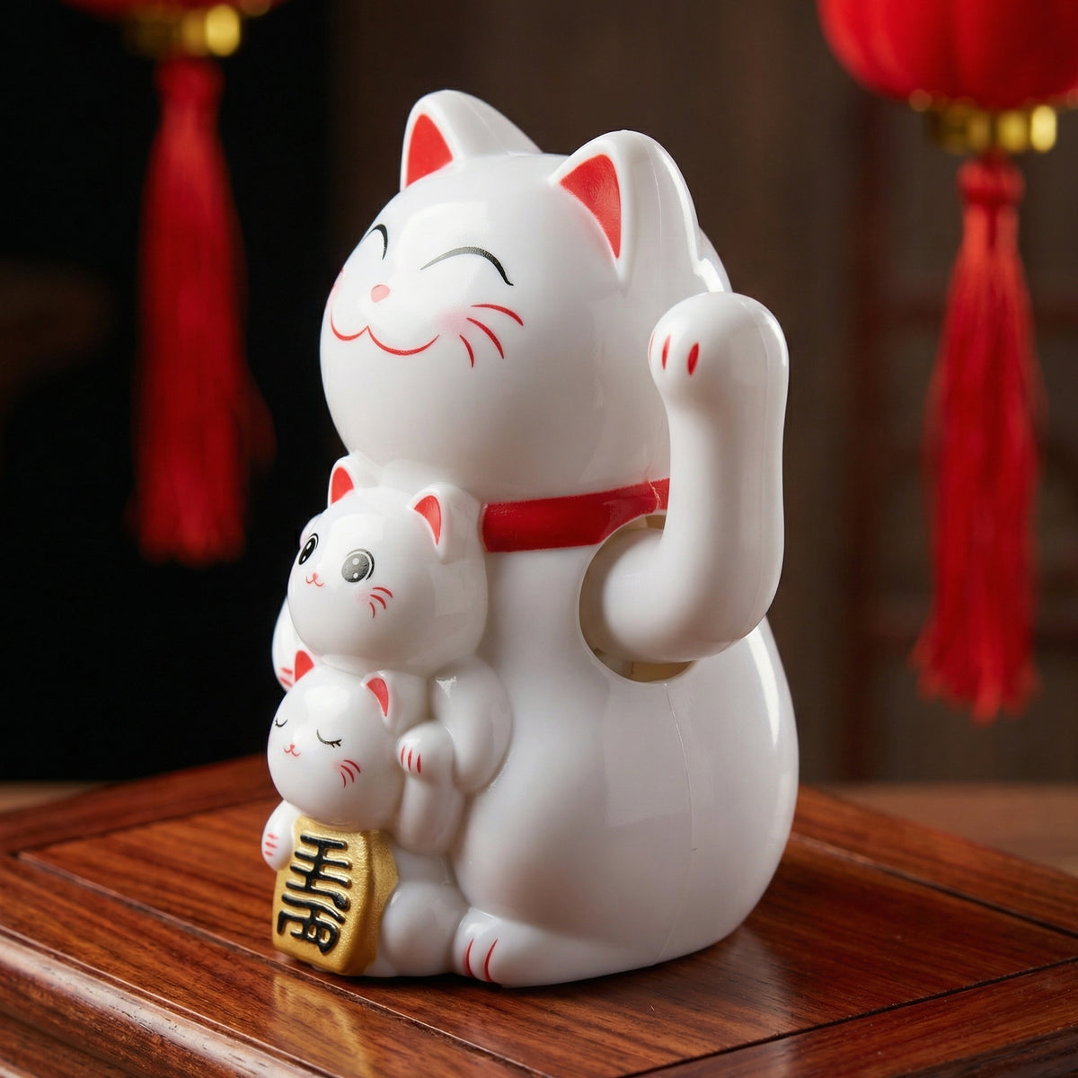 Solar Lucky Cat white figurine on wooden surface - smiley mama and baby cat with waving paw